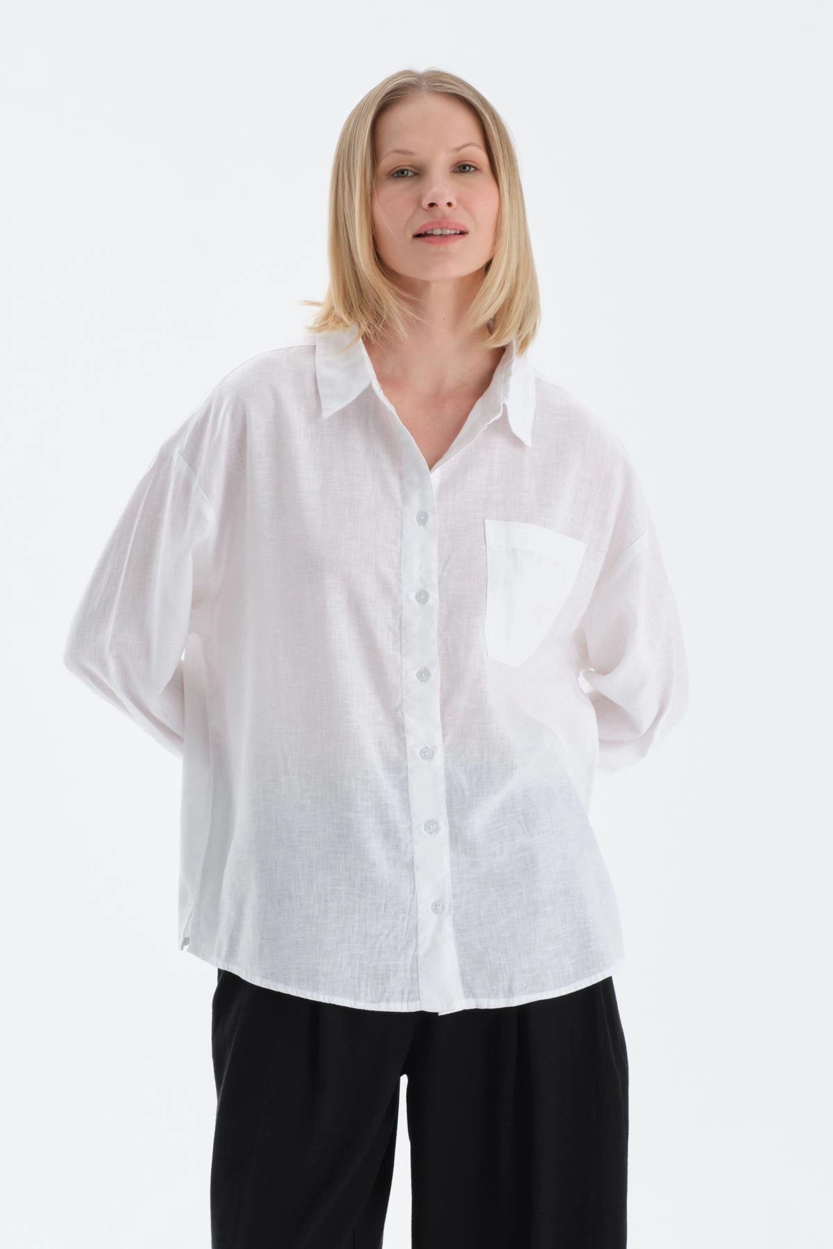 Kırık Beyaz Uzun Kollu Keten Lyocell Karışımlı Dokuma Gömlek