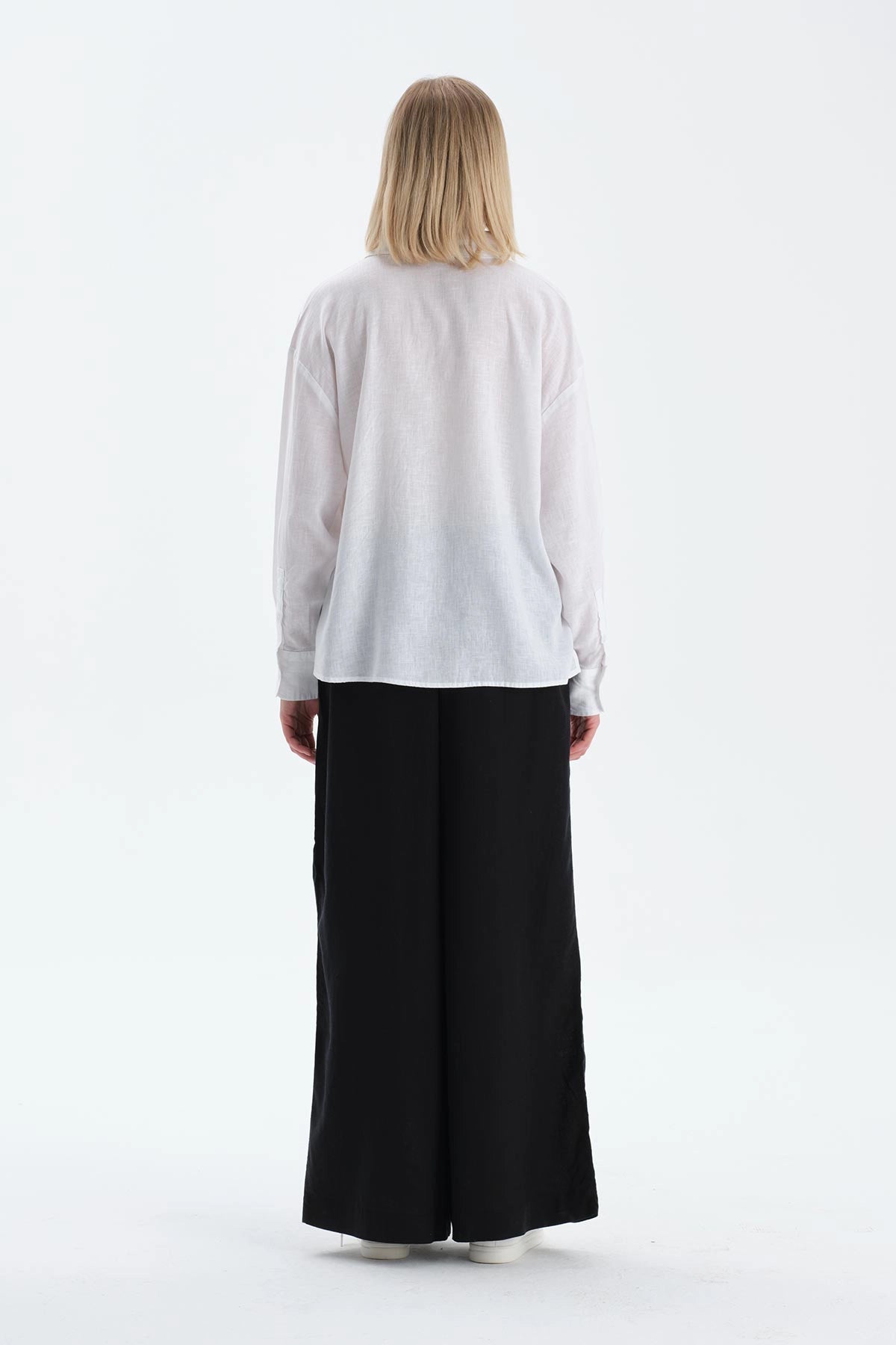 Kırık Beyaz Uzun Kollu Keten Lyocell Karışımlı Dokuma Gömlek