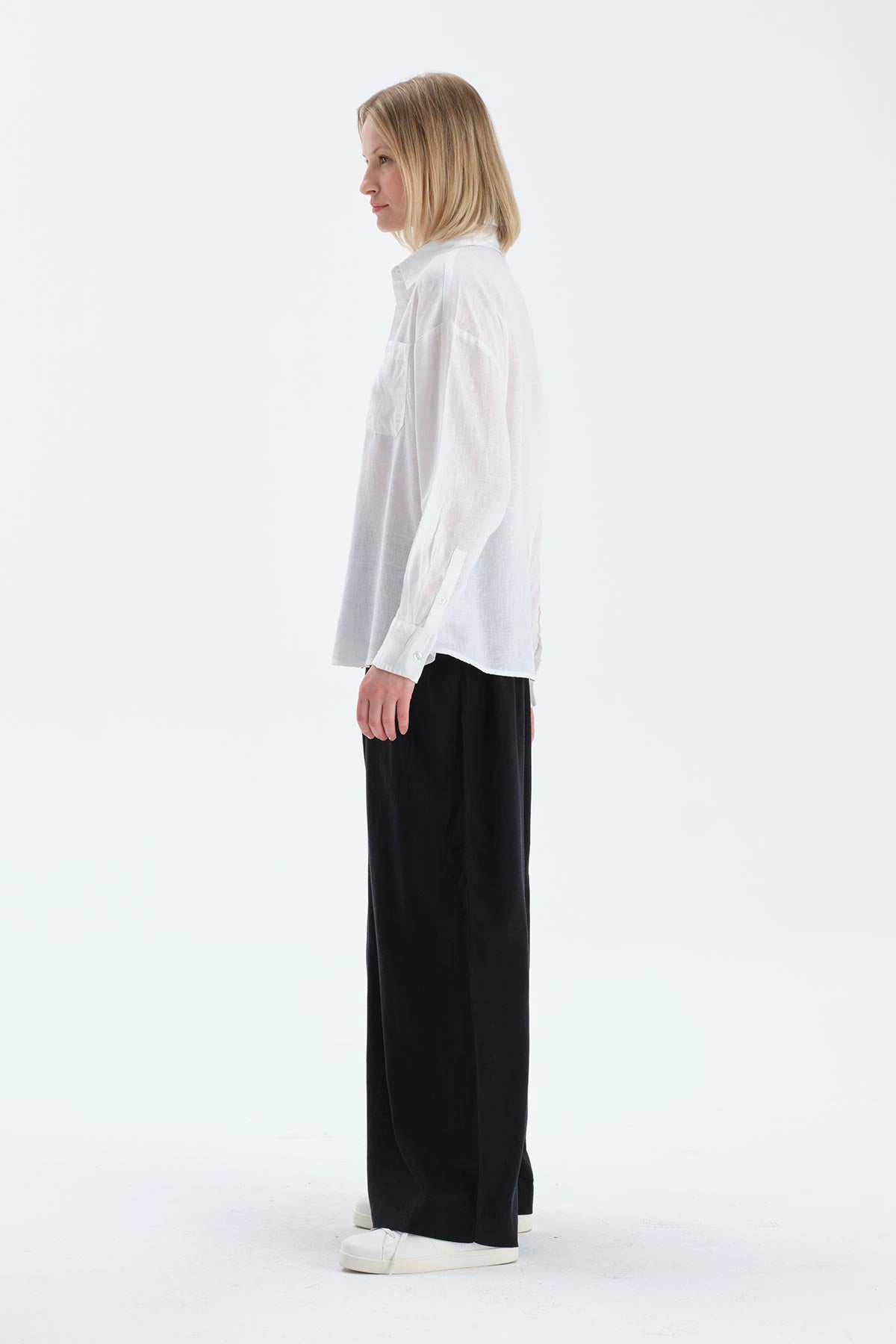 Kırık Beyaz Uzun Kollu Keten Lyocell Karışımlı Dokuma Gömlek