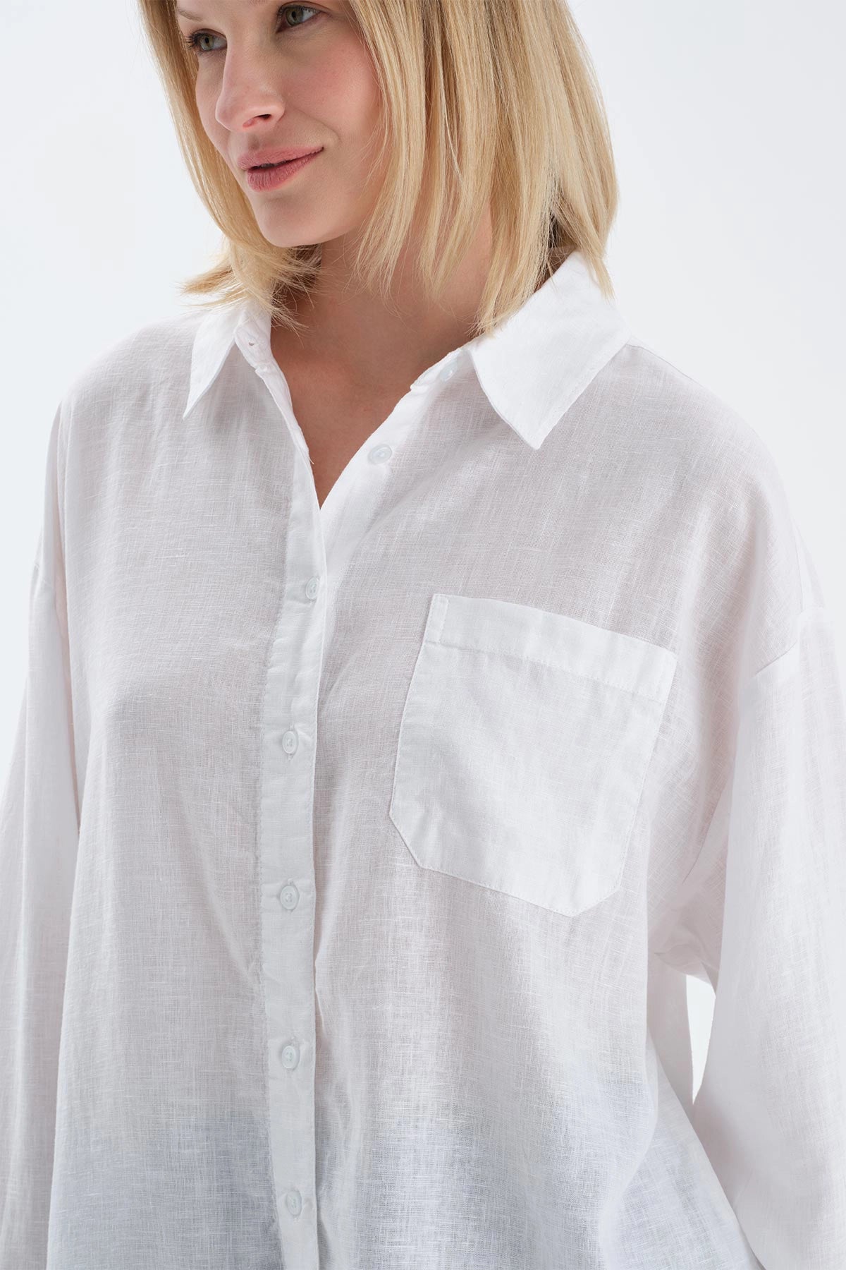 Kırık Beyaz Uzun Kollu Keten Lyocell Karışımlı Dokuma Gömlek