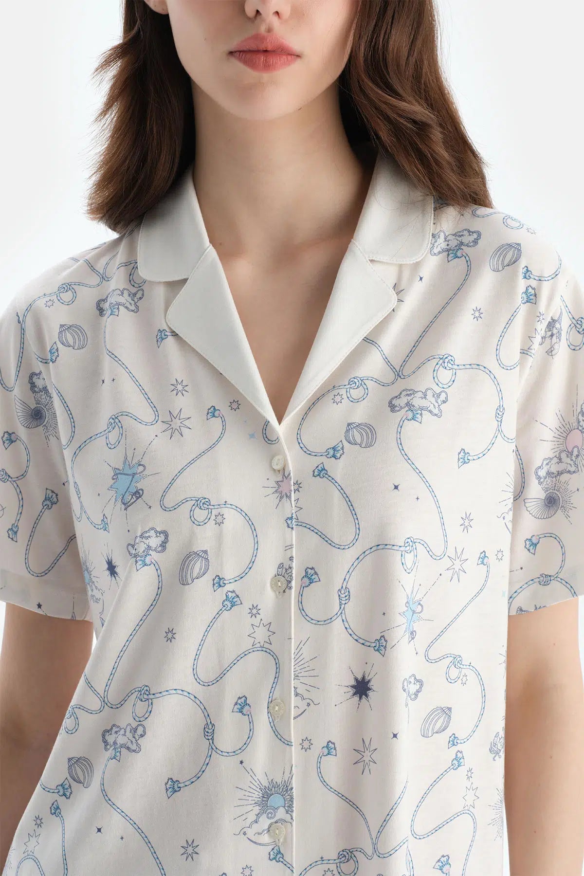 Ekru Metraj Baskılı Penye Modal Gömlek Şort Pijama Takımı