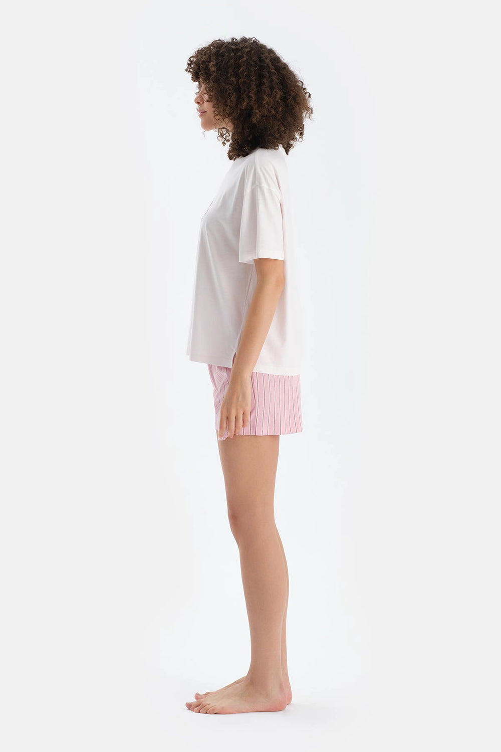 Açık Pembe Baskı Detaylı Kısa Kollu Tişört Şort Pijama Takımı