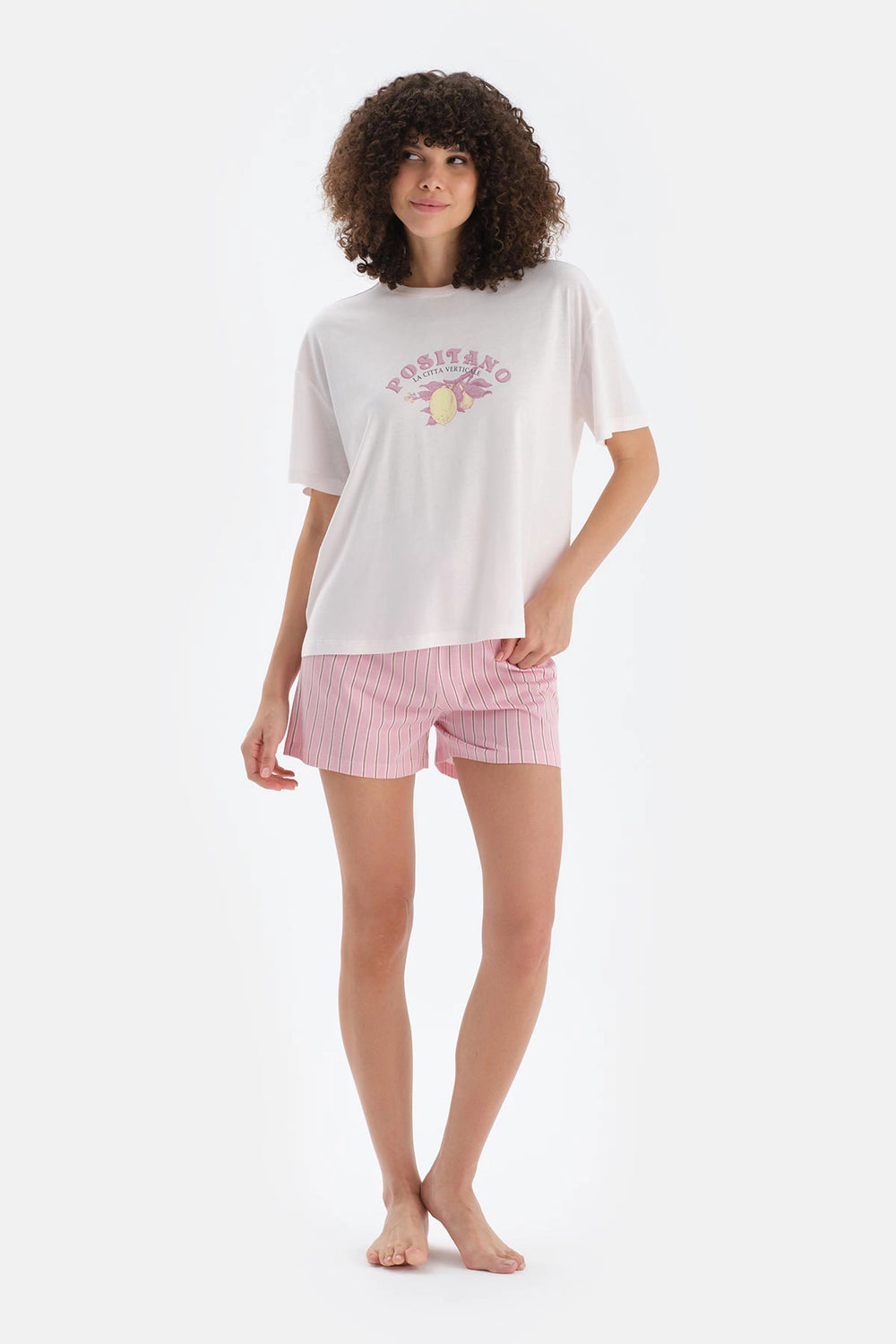 Açık Pembe Baskı Detaylı Kısa Kollu Tişört Şort Pijama Takımı