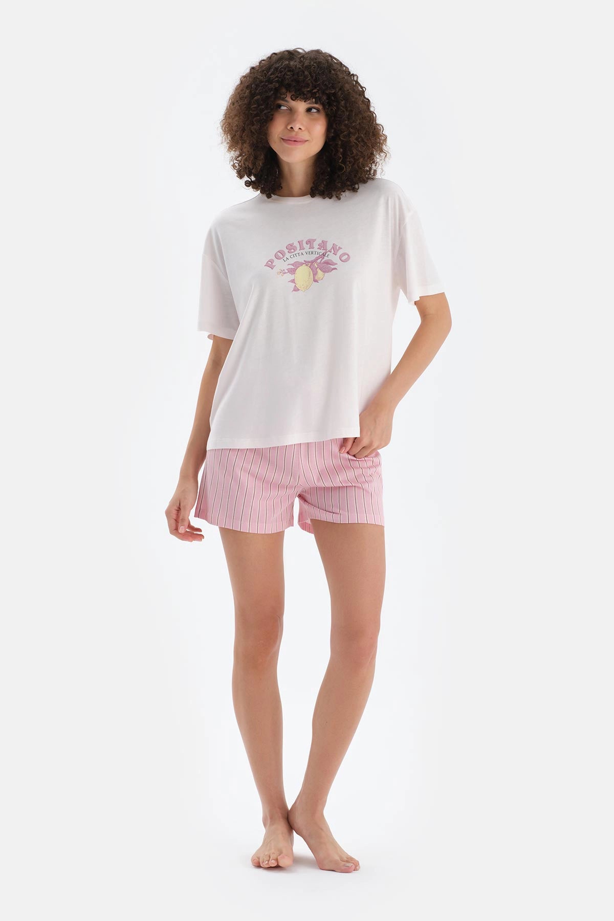 Açık Pembe Baskı Detaylı Kısa Kollu Tişört Şort Pijama Takımı