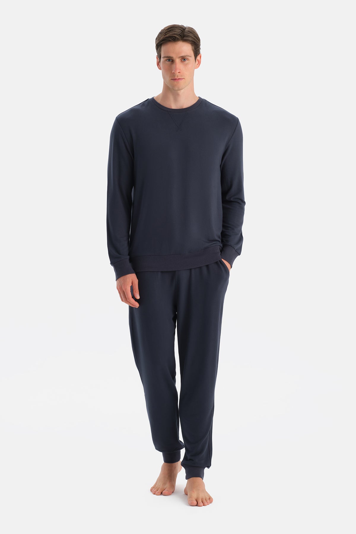 Lacivert DüDetaylı Uzun Kollu Tişört Pantolon Pijama Takımı