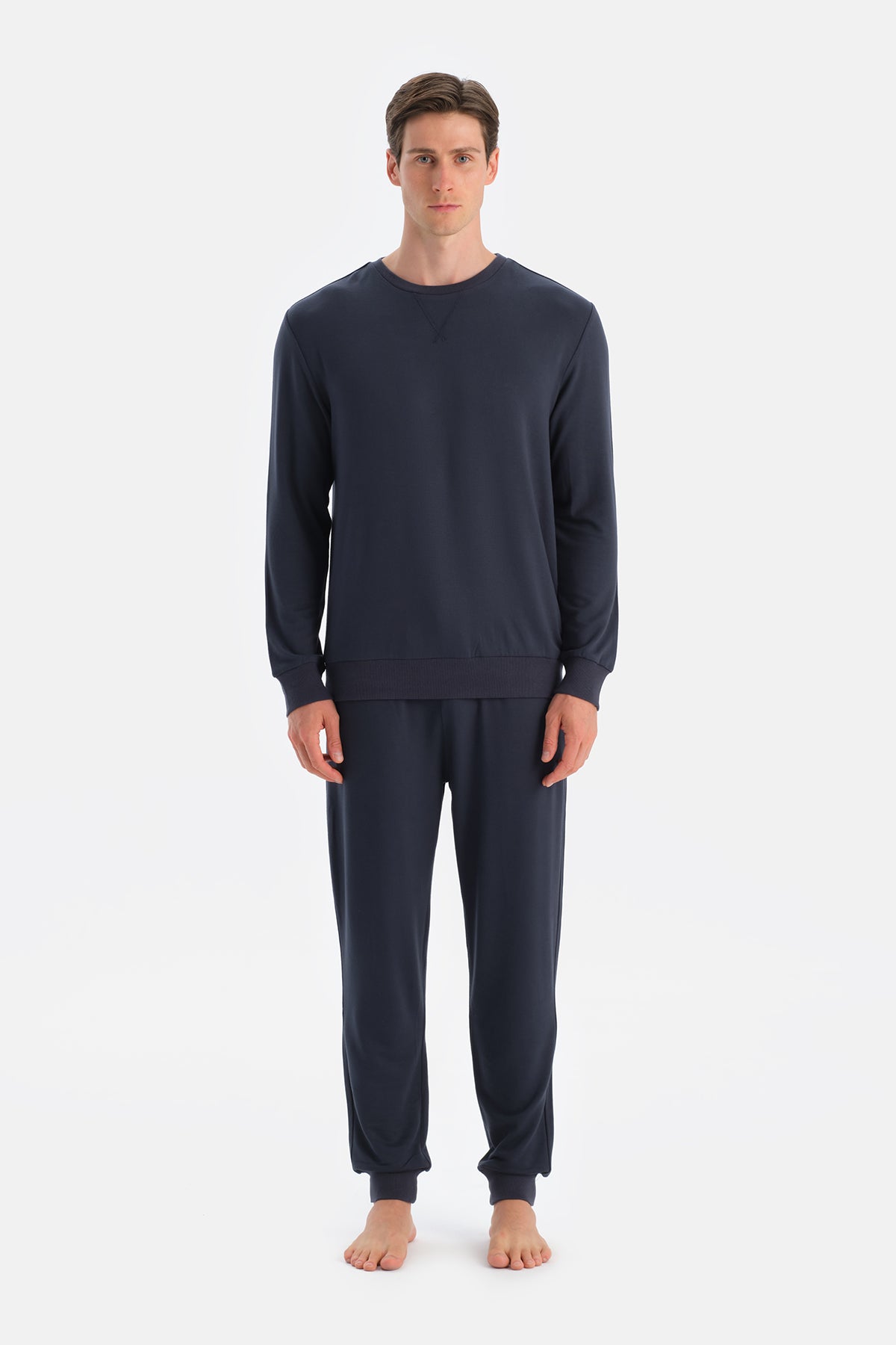 Lacivert DüDetaylı Uzun Kollu Tişört Pantolon Pijama Takımı