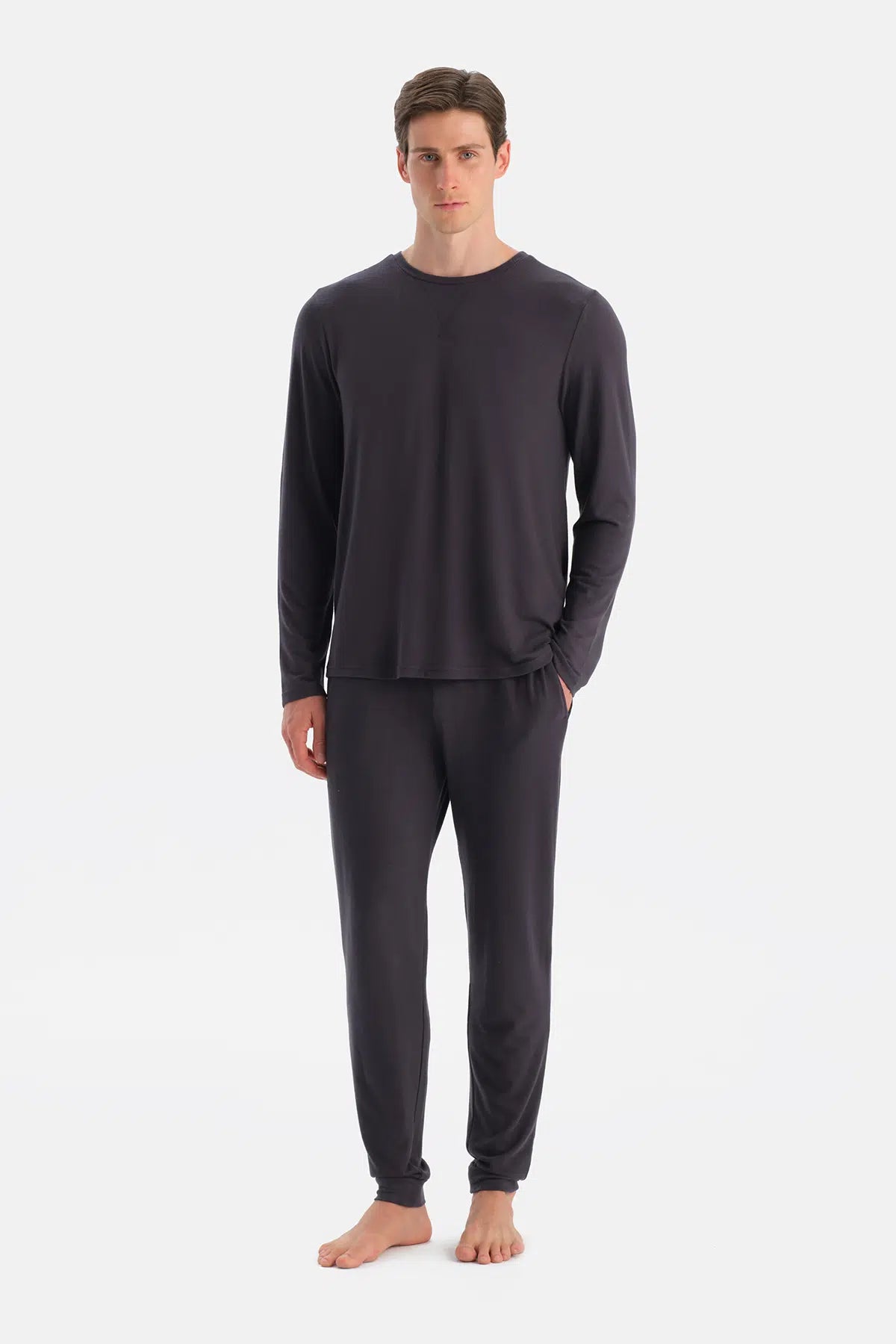 Antrasıt Dikiş Detaylı Uzun Kollu Termal Tişört Pantolon Pijama Takımı