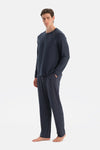 Lacivert Dikiş Detaylı Ve Patlı Termal Tişört Pantolon Pijama Takımı