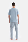 Mavi Kısa Kollu Altı Çizgili Tişört Pantolon Takım