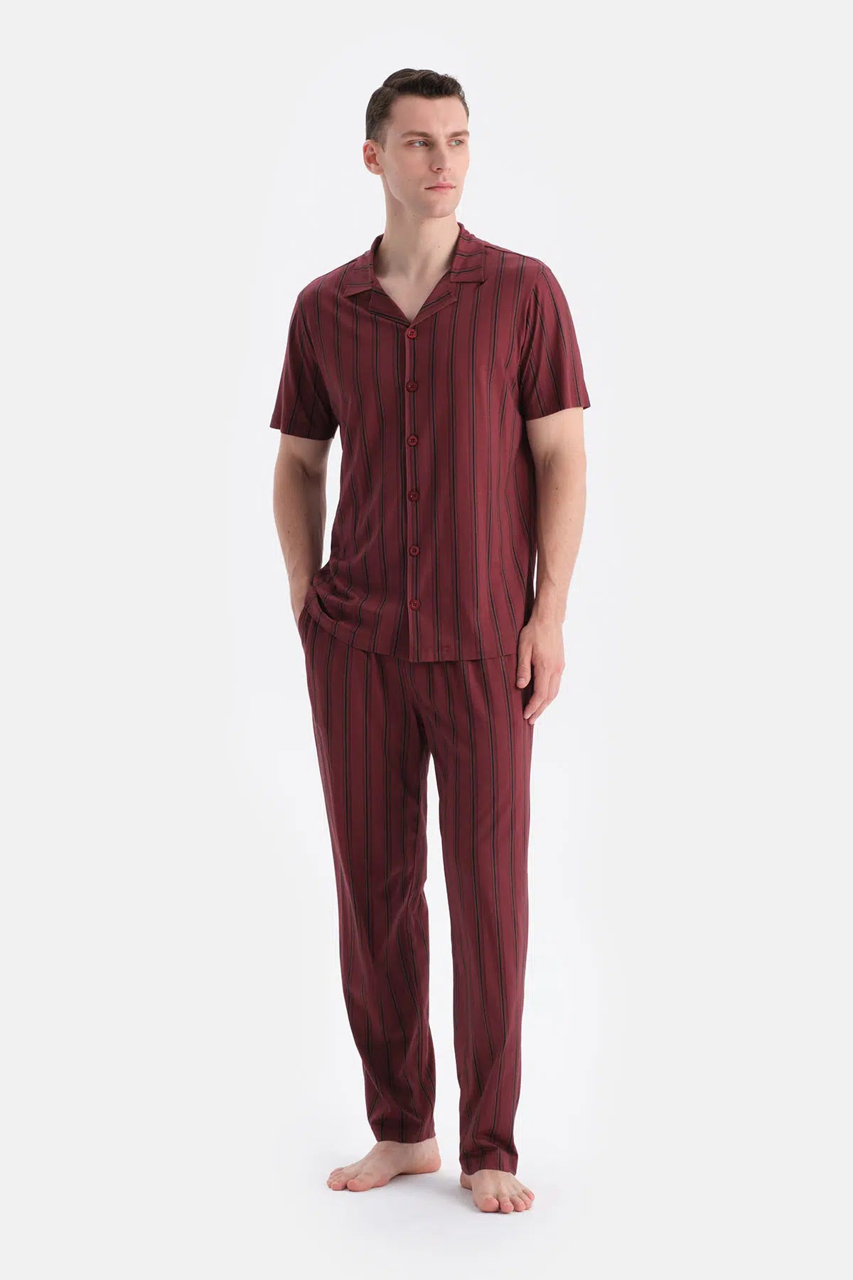 Bordo Çizgili Gömlek Pantolon Takım