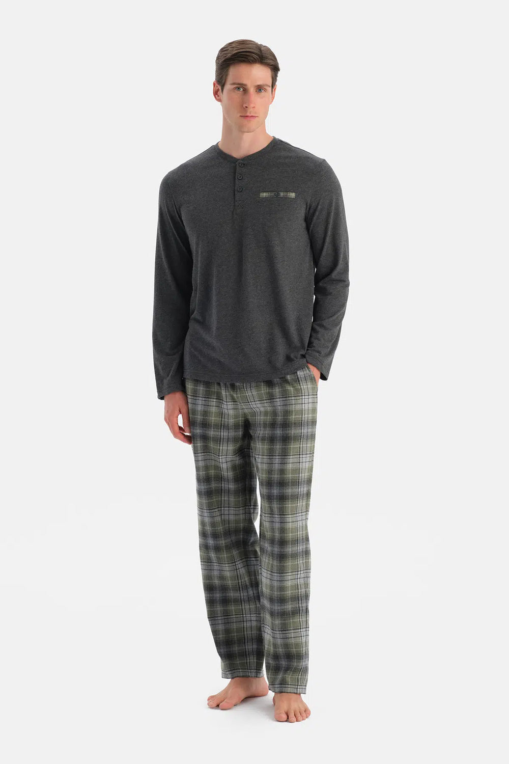 Antrasit Melanj Uzun Kollu Pat ve Cep Detaylı Tişört Pantolon Takım