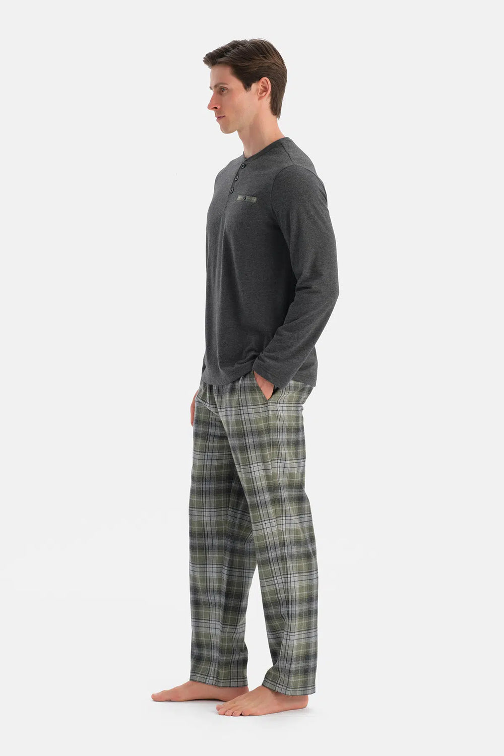 Antrasit Melanj Uzun Kollu Pat ve Cep Detaylı Tişört Pantolon Takım