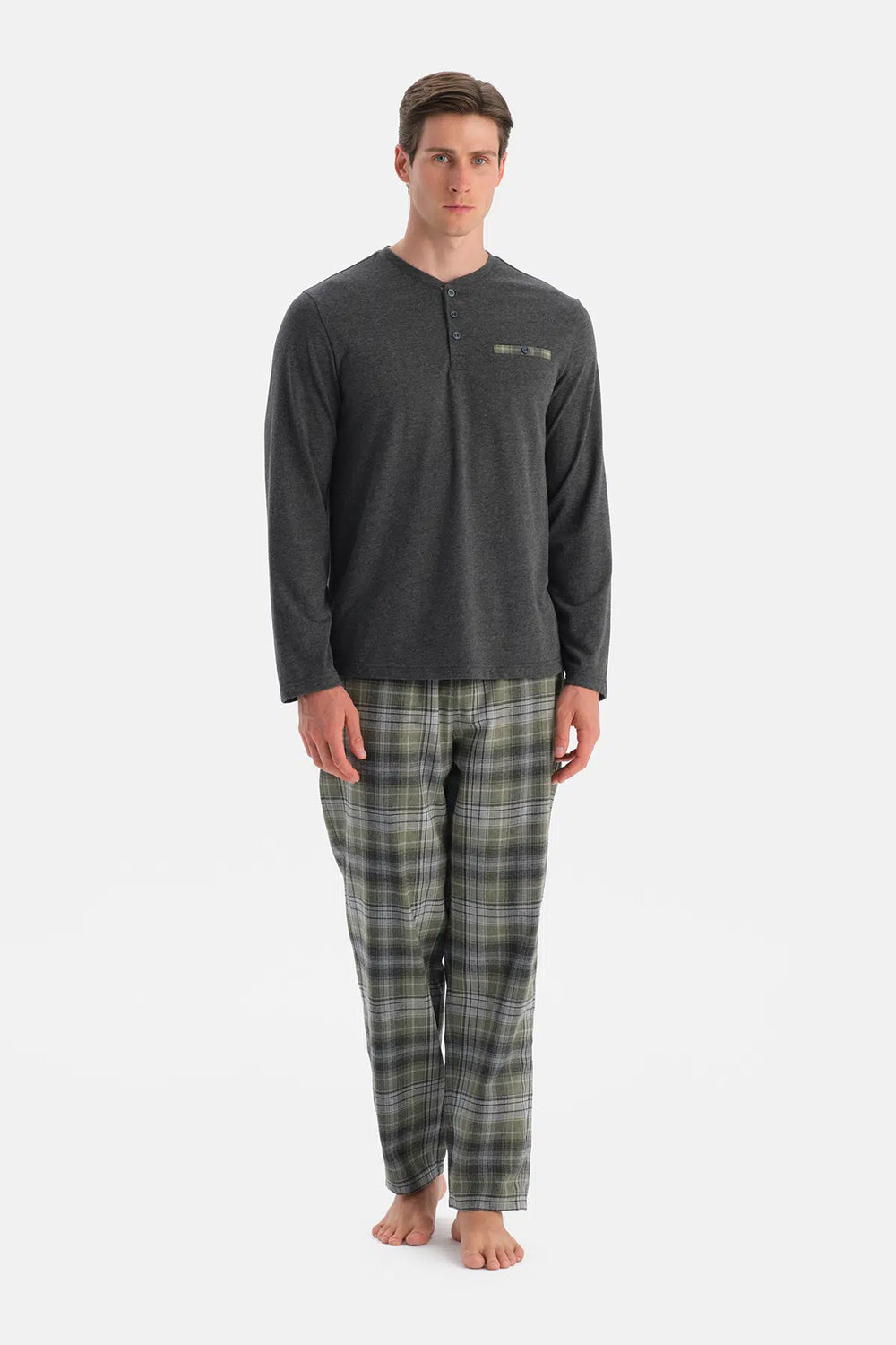 Antrasit Melanj Uzun Kollu Pat ve Cep Detaylı Tişört Pantolon Takım