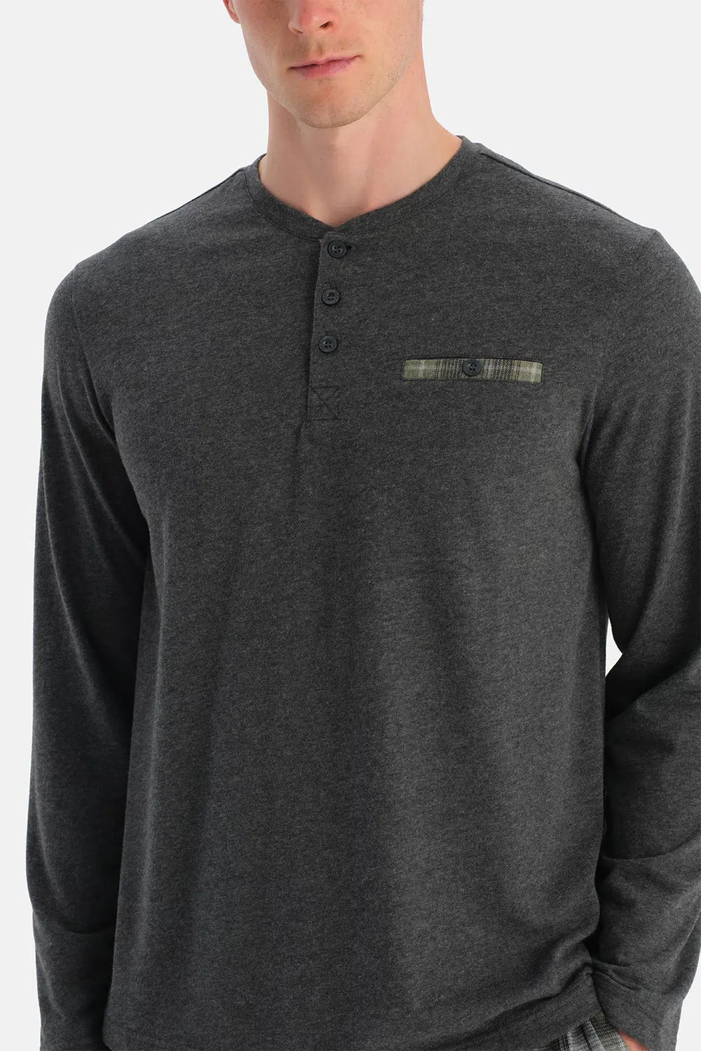 Antrasit Melanj Uzun Kollu Pat ve Cep Detaylı Tişört Pantolon Takım