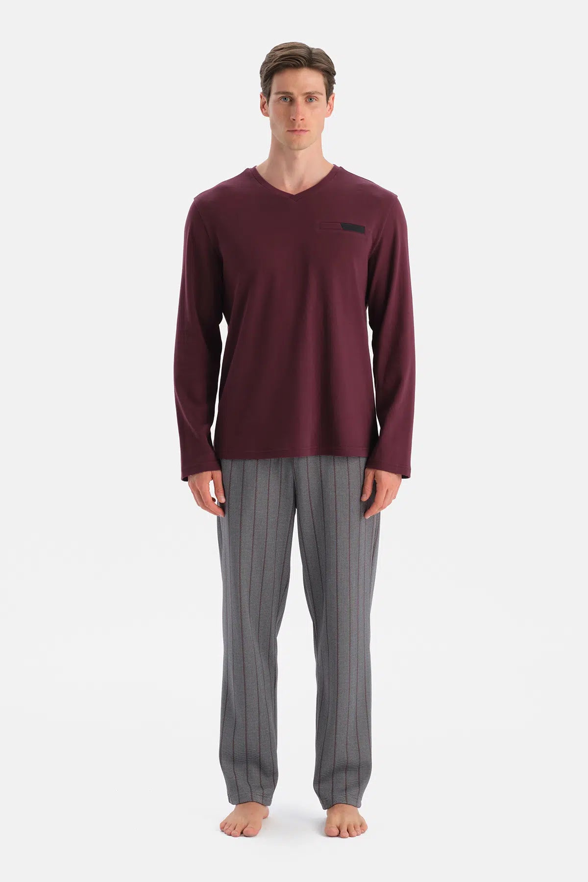 Bordo Uzun Kollu V Yaka Tişört Pantolon Takım