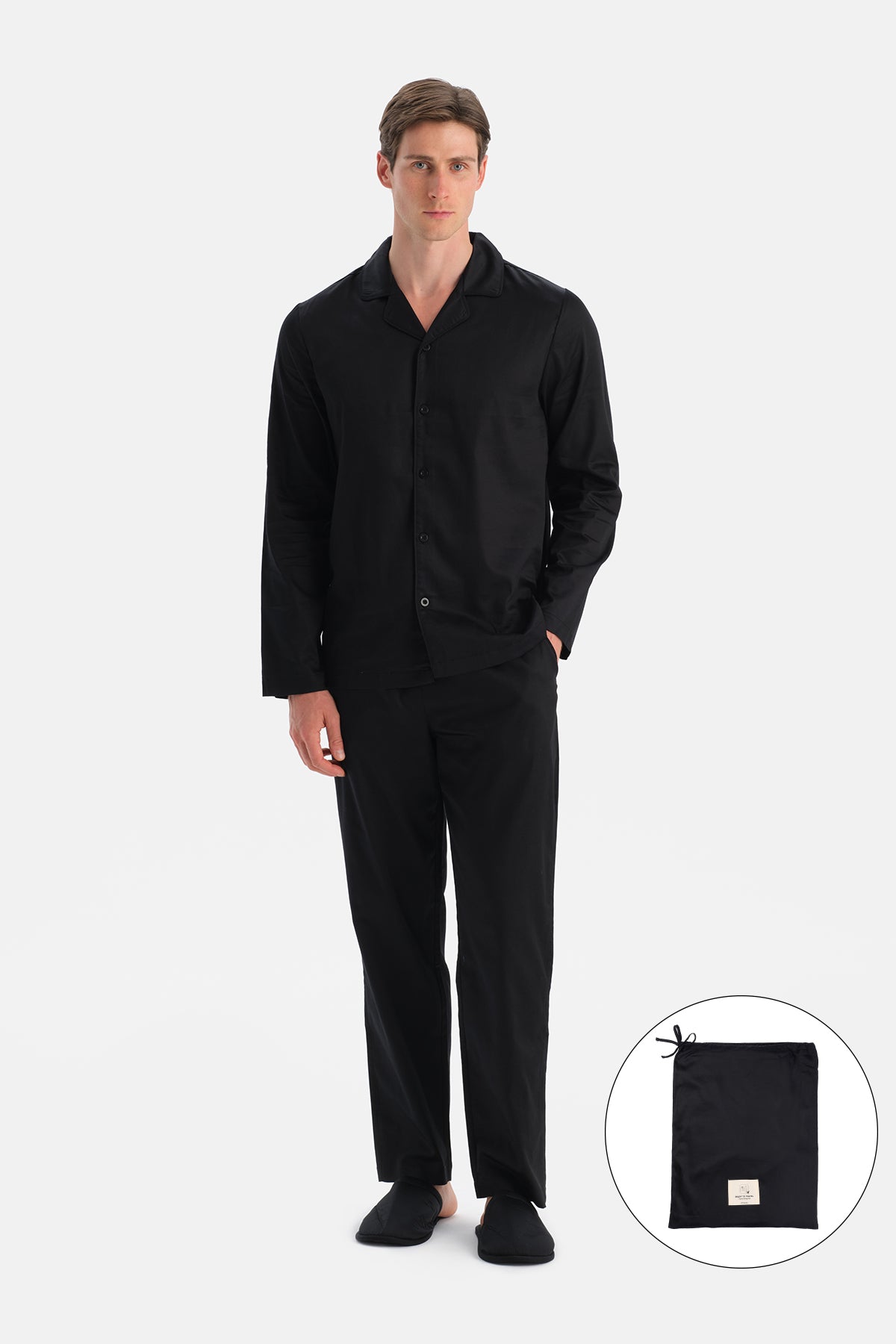 Siyah Travel Biye Detaylı Dokuma Gömlek Pantolon Pijama Seti