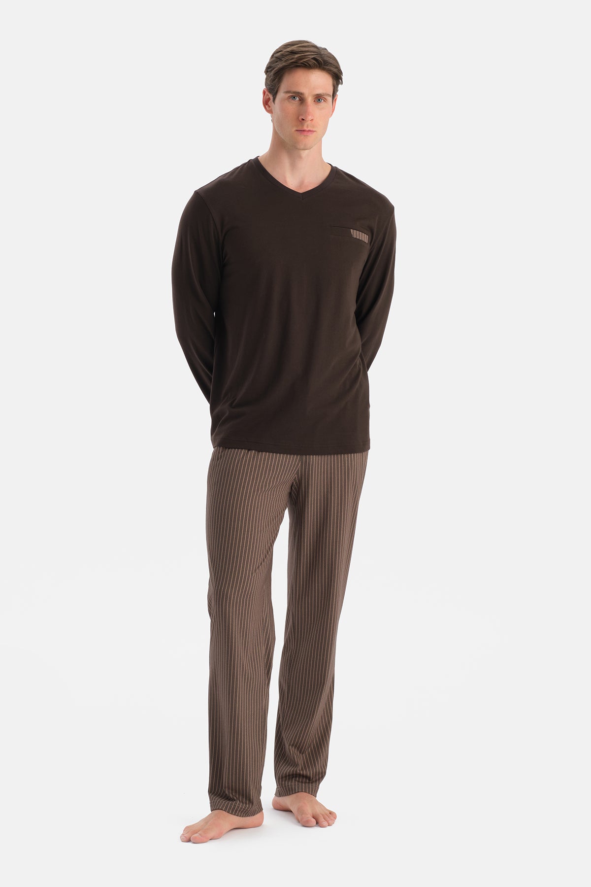 Koyu Kahve Travel Pamuk Modal Tişört Pantolon Pijama Seti