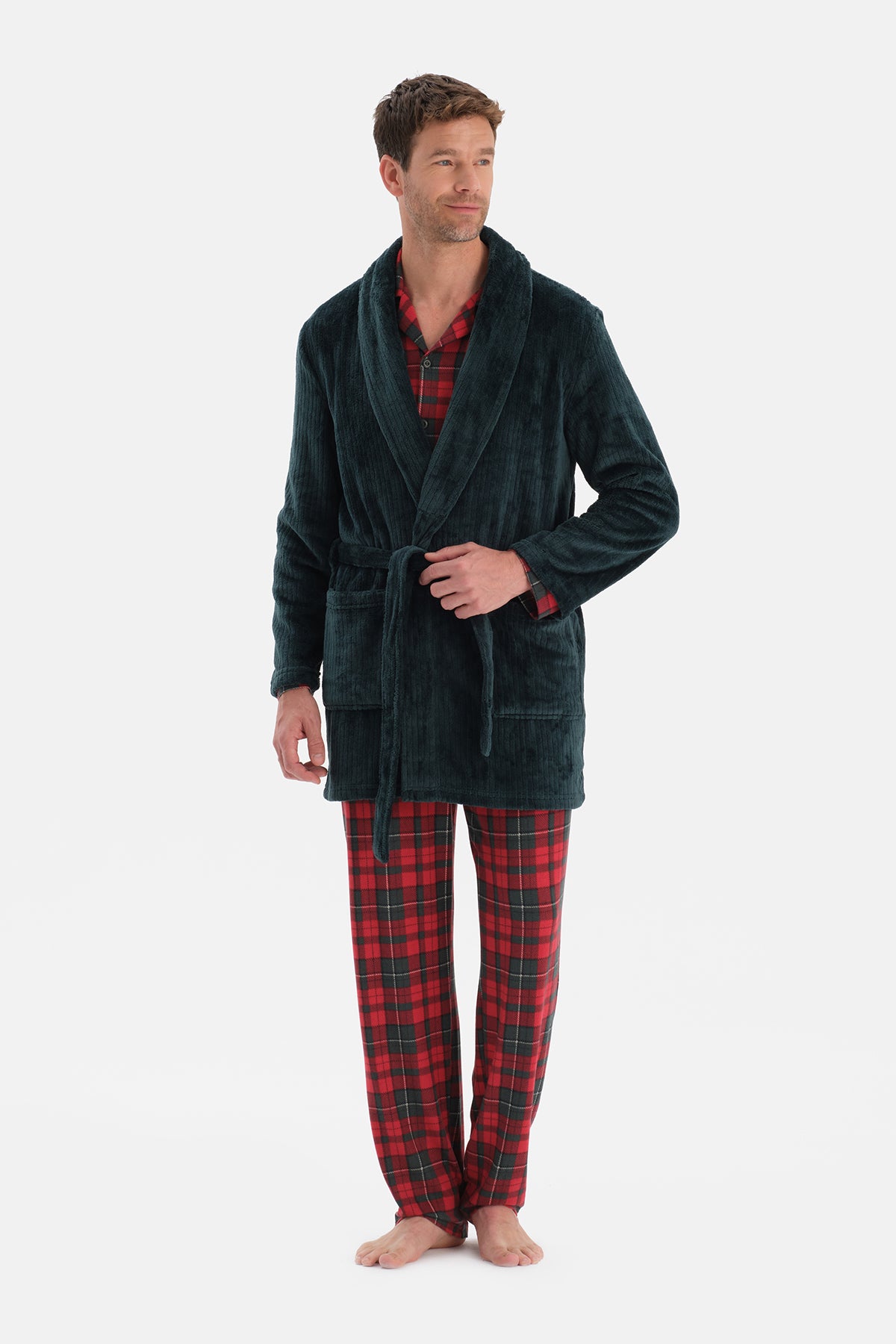 Koyu Yeşil Çizgi Görünümlü Polar Sabahlık