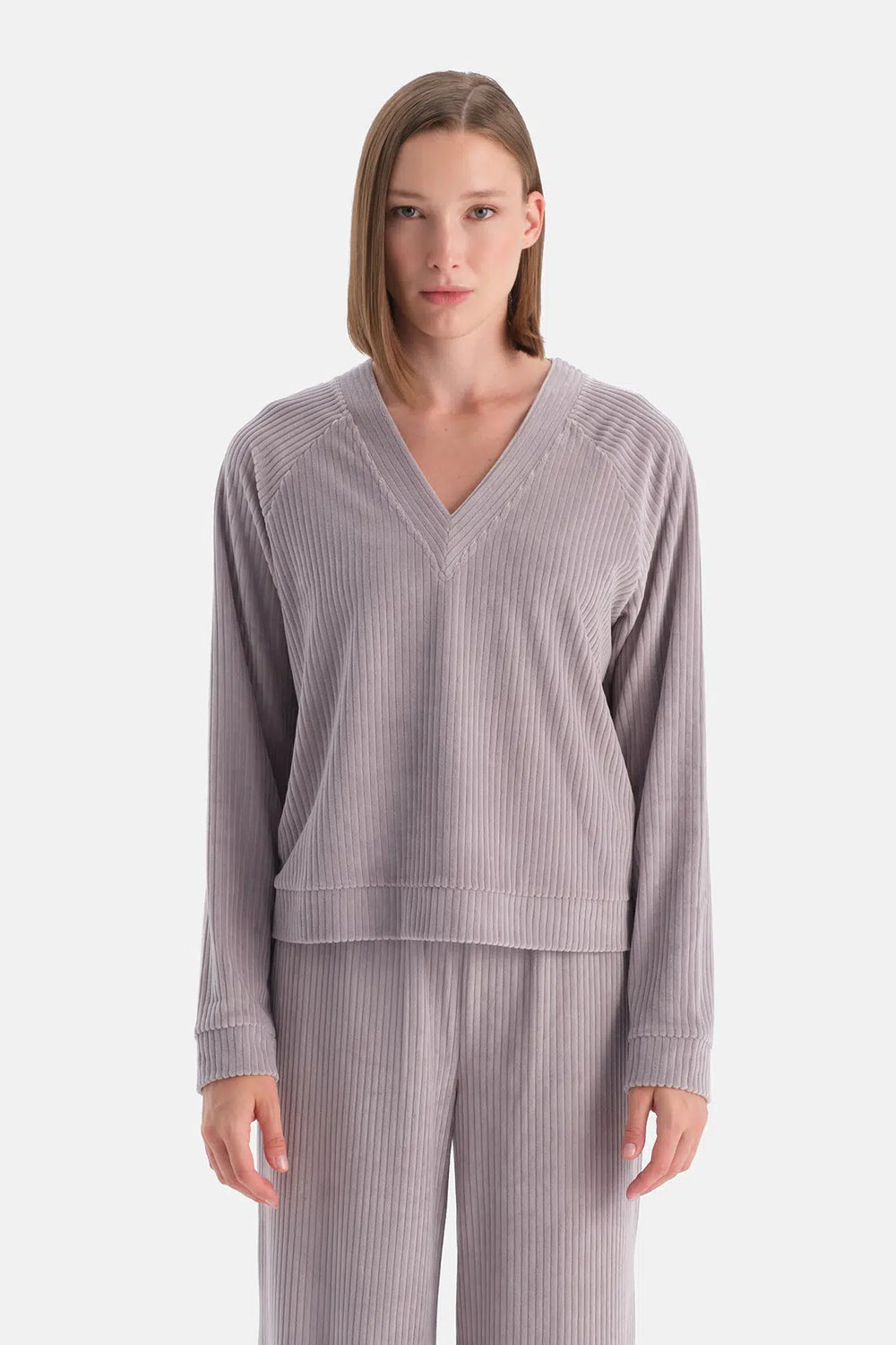 Açık Lila V Yaka Uzun Kollu Kadife Sweatshirt