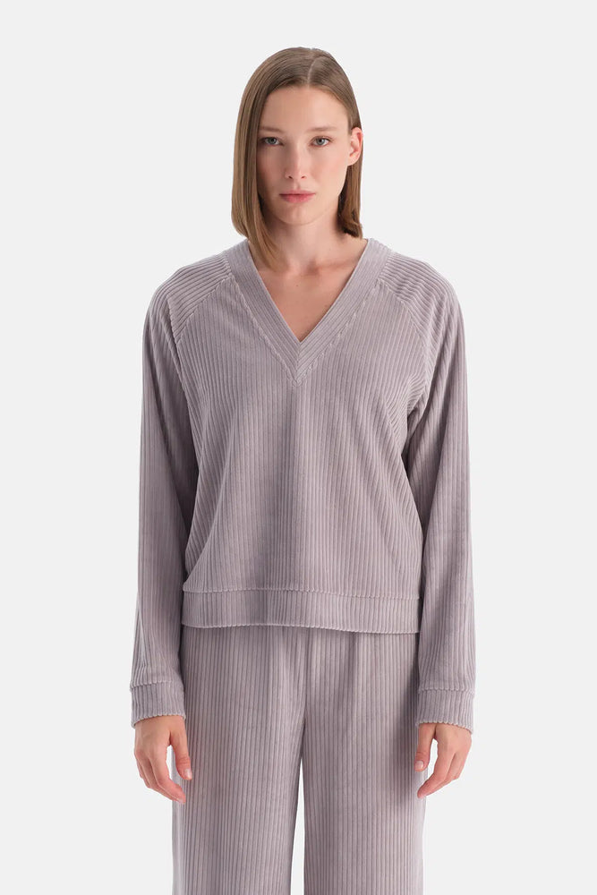 Açık Lila V Yaka Uzun Kollu Kadife Sweatshırt