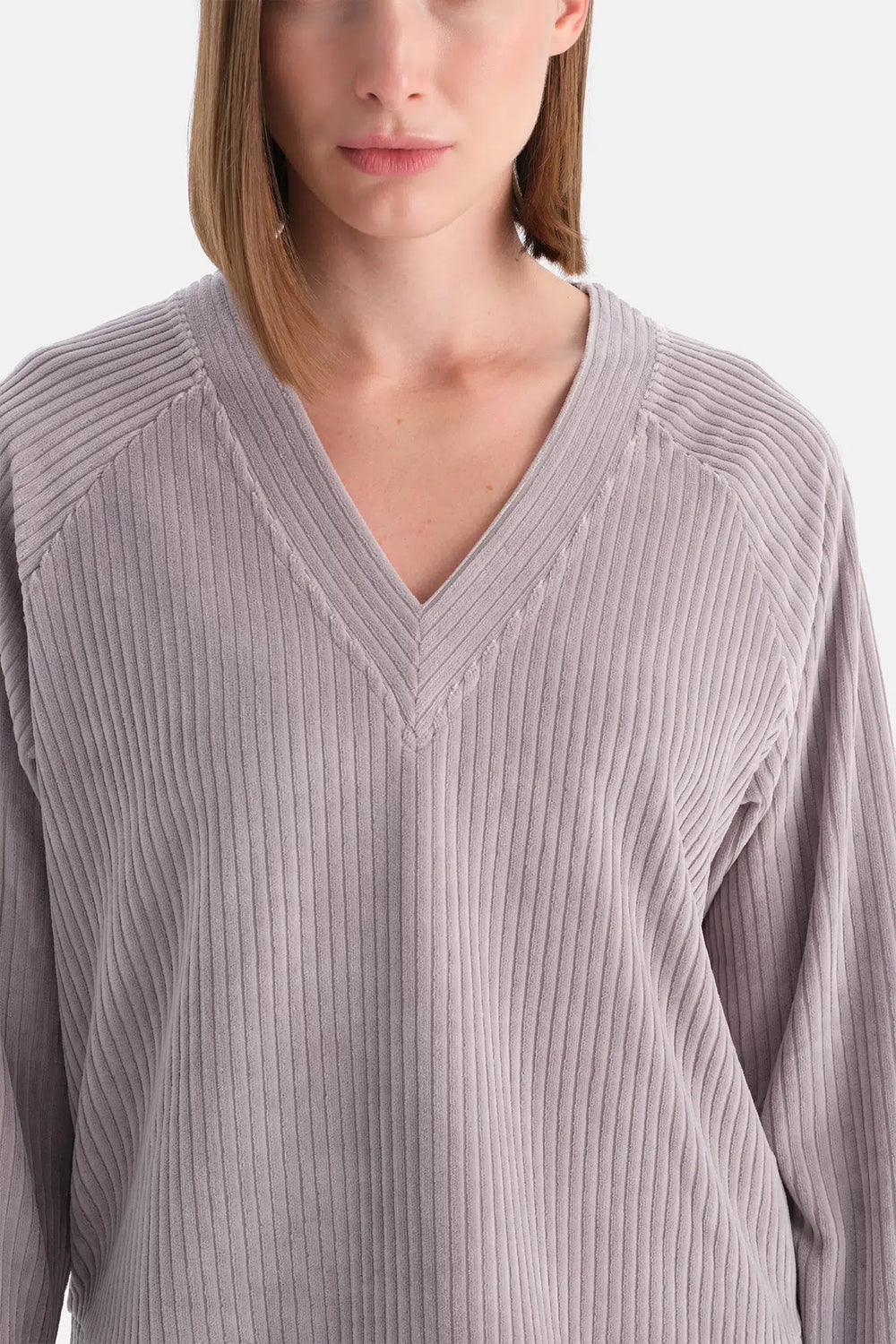 Açık Lila V Yaka Uzun Kollu Kadife Sweatshirt