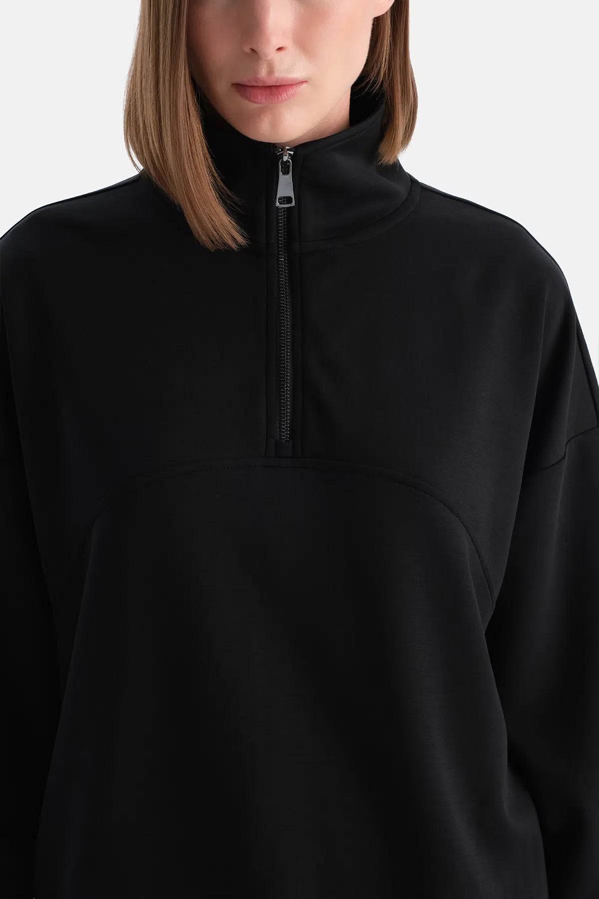 Siyah Kadın Yarım Fermuarlı Modal Sweatshırt