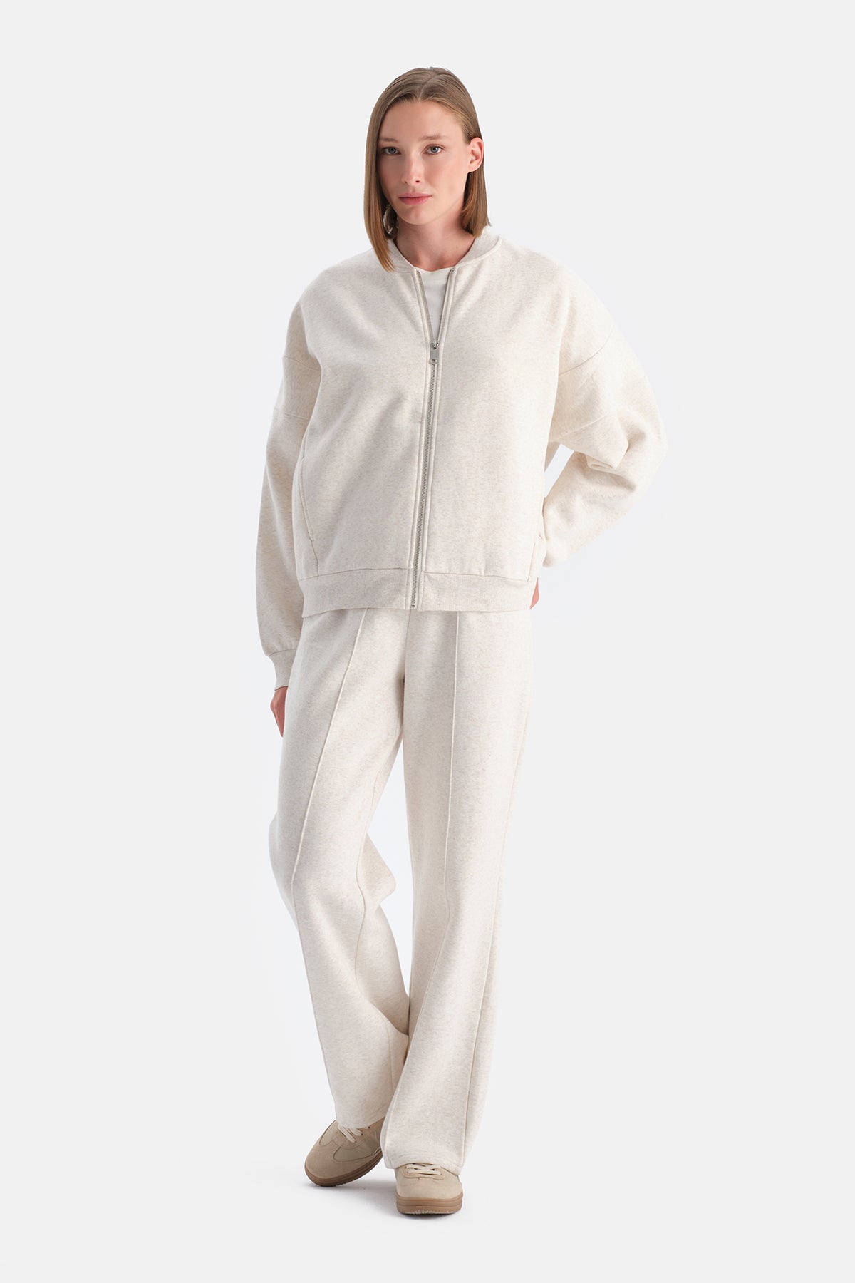 Ekru Melanj Travel Fermuarlı Üç İplik Sweatshirt