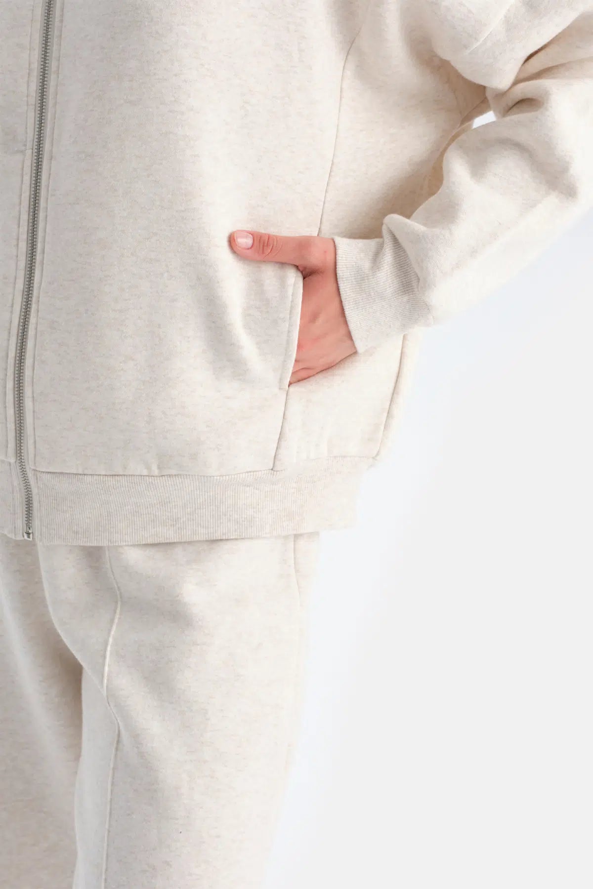 Ekru Melanj Travel Fermuarlı Üç İplik Sweathsirt