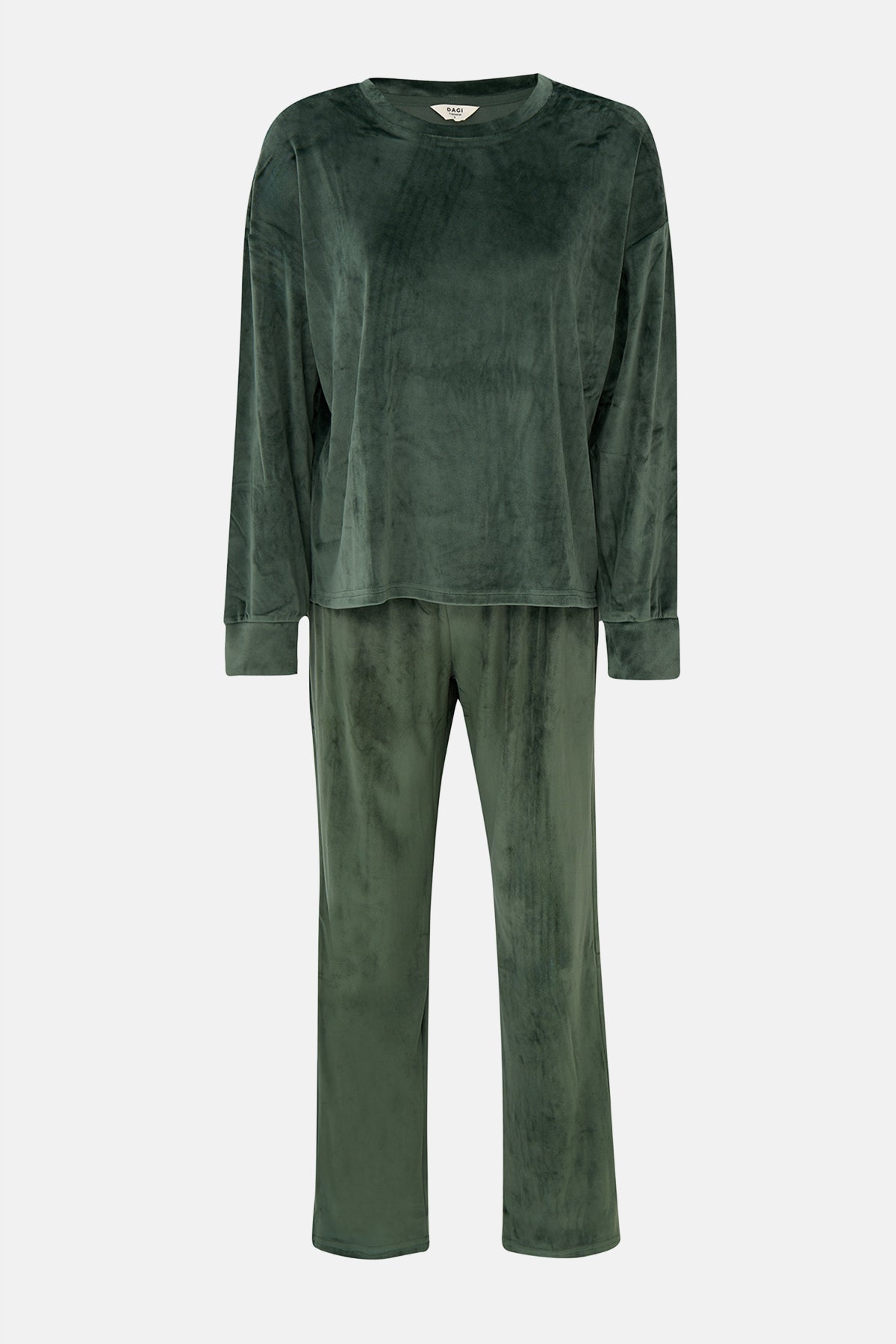 Koyu Yeşil Uzun Kollu Kadife Tişört Pantolon Pijama Takımı
