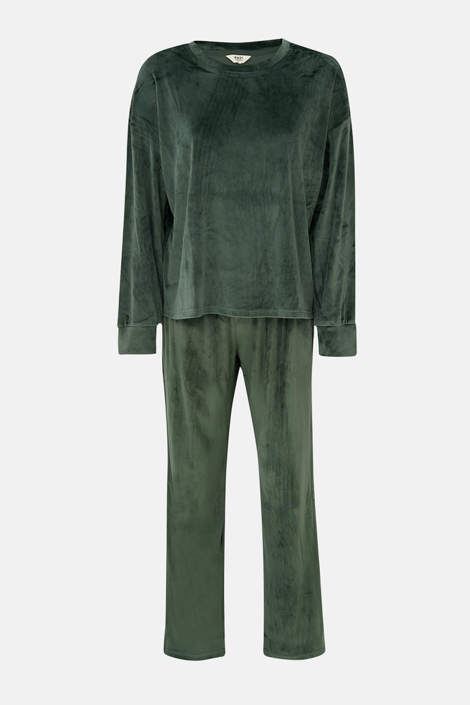 Koyu Yeşil Uzun Kollu Kadife Tişört Pantolon Pijama Takımı
