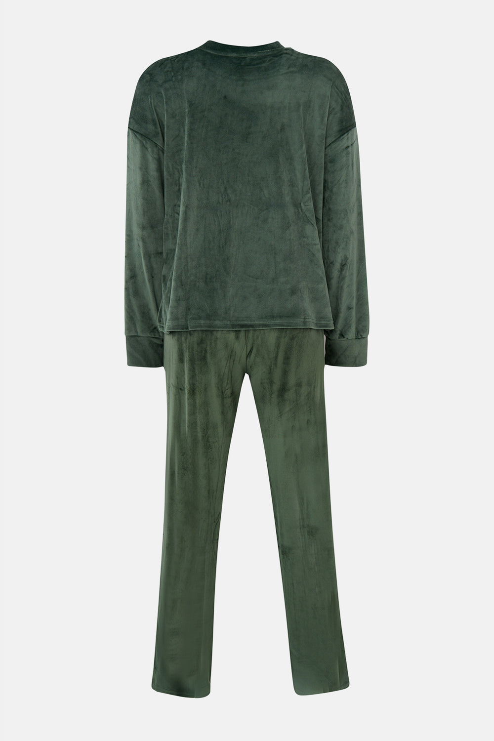 Koyu Yeşil Uzun Kollu Kadife Tişört Pantolon Pijama Takımı