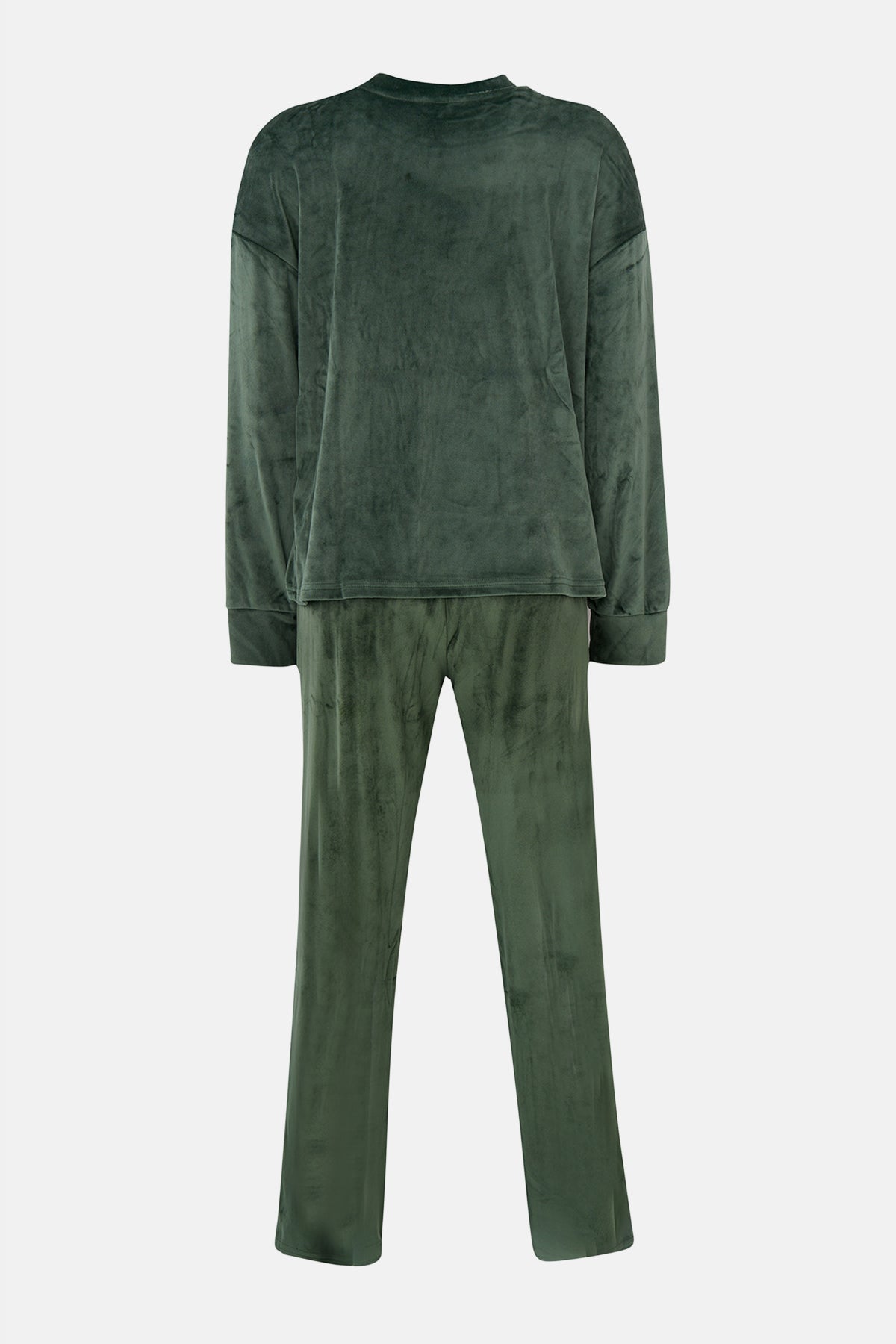 Koyu Yeşil Uzun Kollu Kadife Tişört Pantolon Pijama Takımı