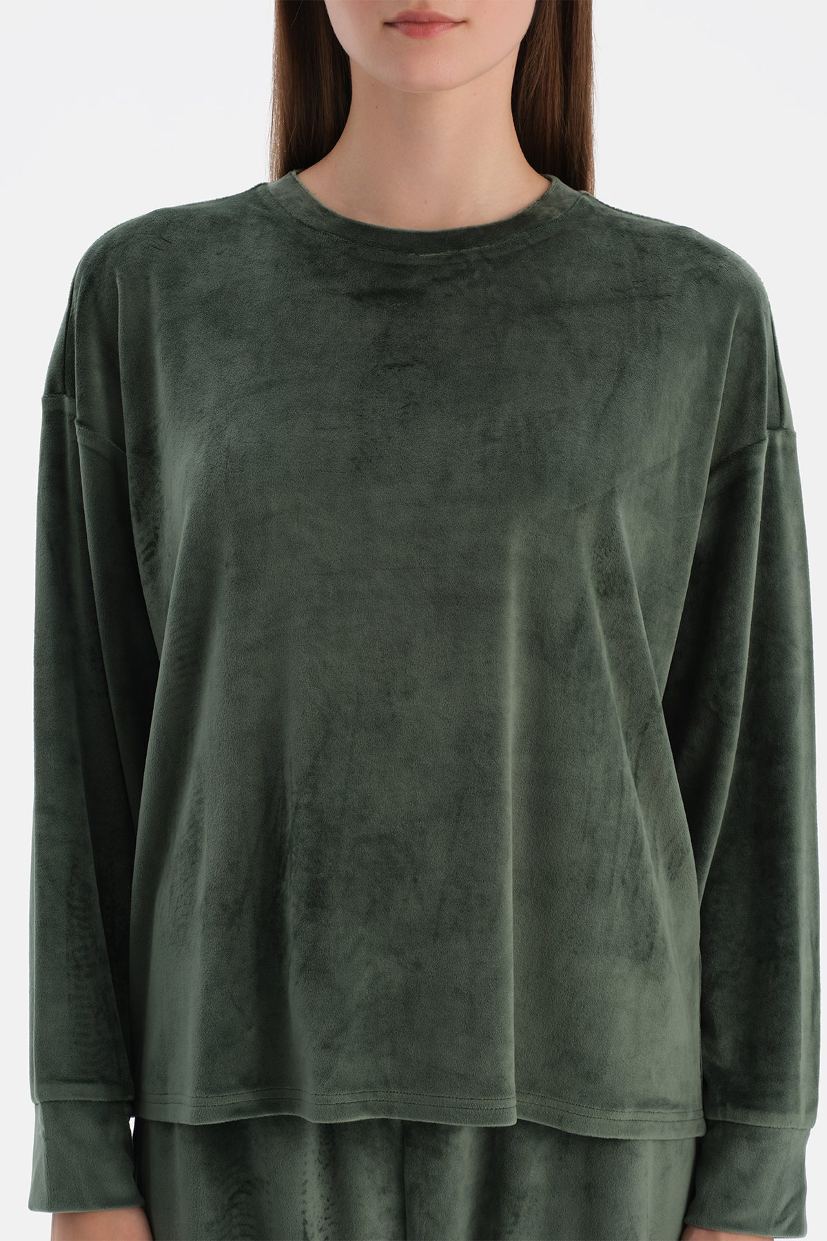 Koyu Yeşil Uzun Kollu Kadife Tişört Pantolon Pijama Takımı