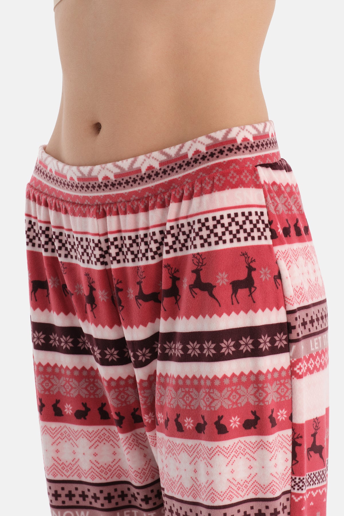 Kırmızı Baskılı Kadife Tişört Pantolon Pijama Takımı