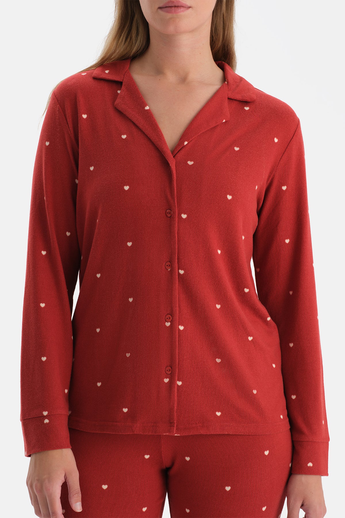 Kırmızı Puantiyeli Termal Gömlek Pantolon Pijama Takımı