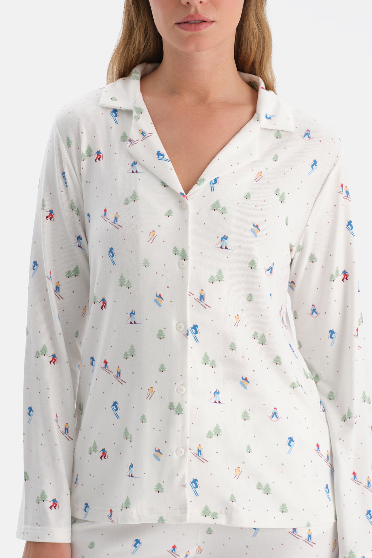 Ekru Baskılı Termal Gömlek Pantolon Pijama Takımı