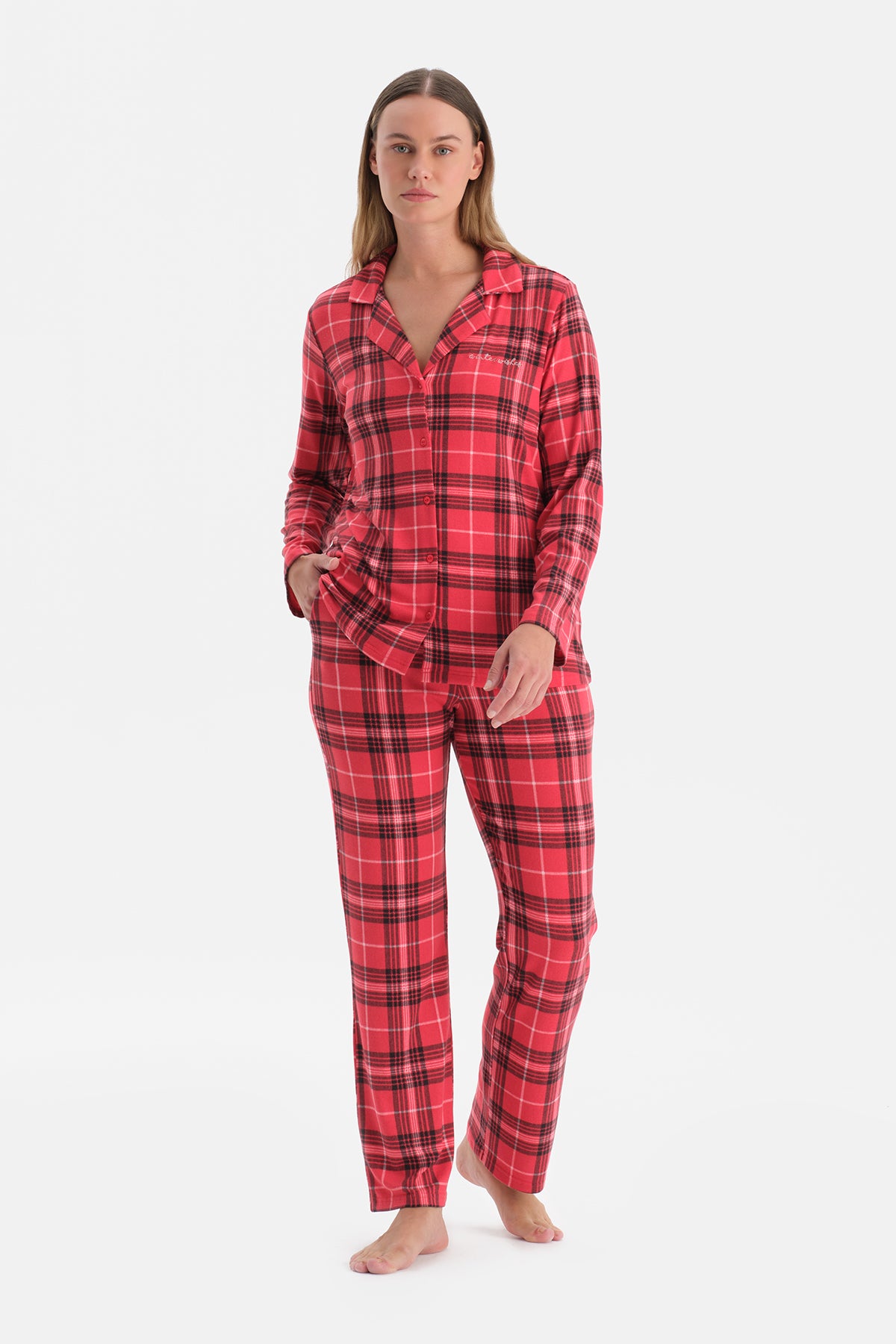 Kırmızı Ekoseli Termal Gömlek Pantolon Pijama Takımı