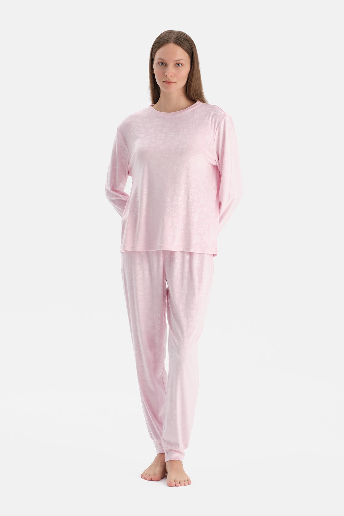 Açık Pembe Gofre Kar Baskılı Tişört Pantolon Pijama Takımı