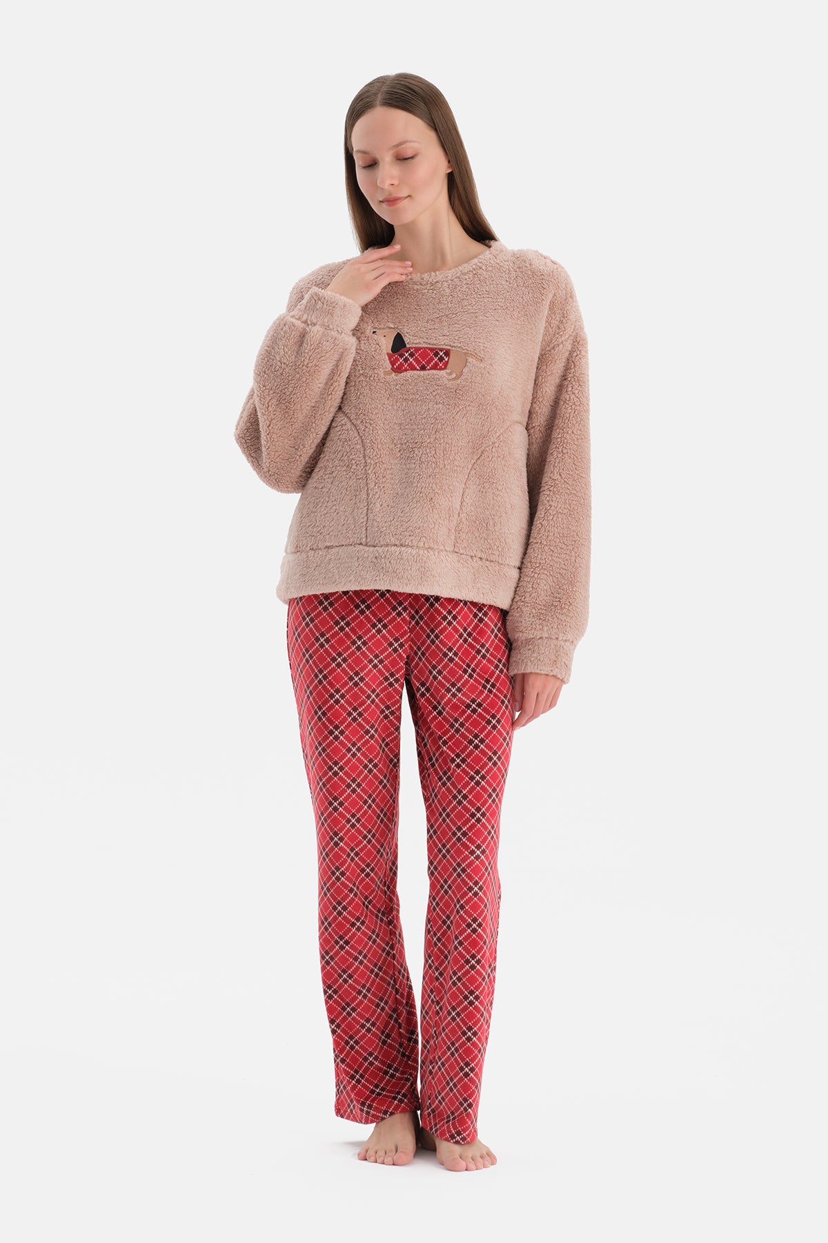 Sütlü Kahve Nakışlı Polar Tişört Pantolon Pijama Takımı