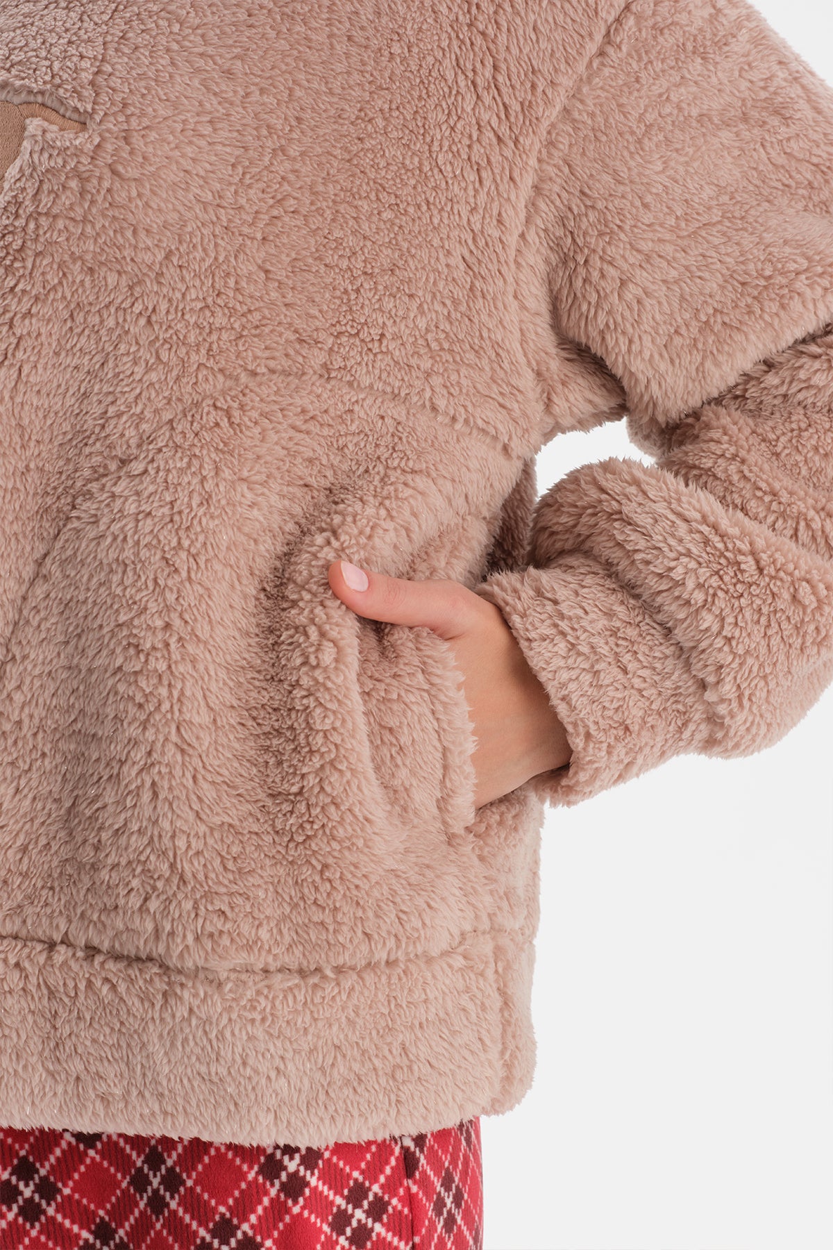 Sütlü Kahve Nakışlı Polar Tişört Pantolon Pijama Takımı