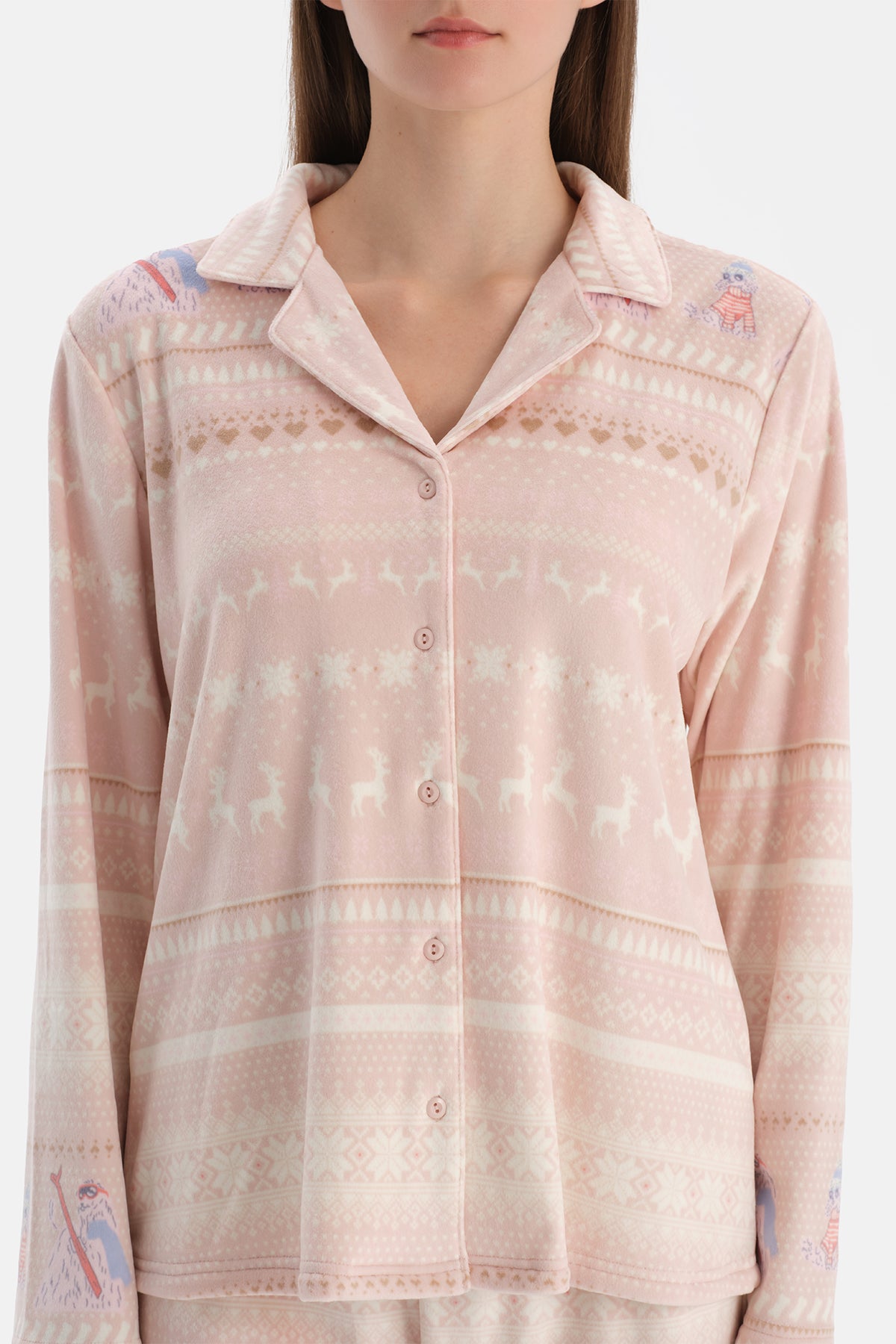 Sütlü Kahve Baskılı Kadife Gömlek Pantolon Pijama Takımı