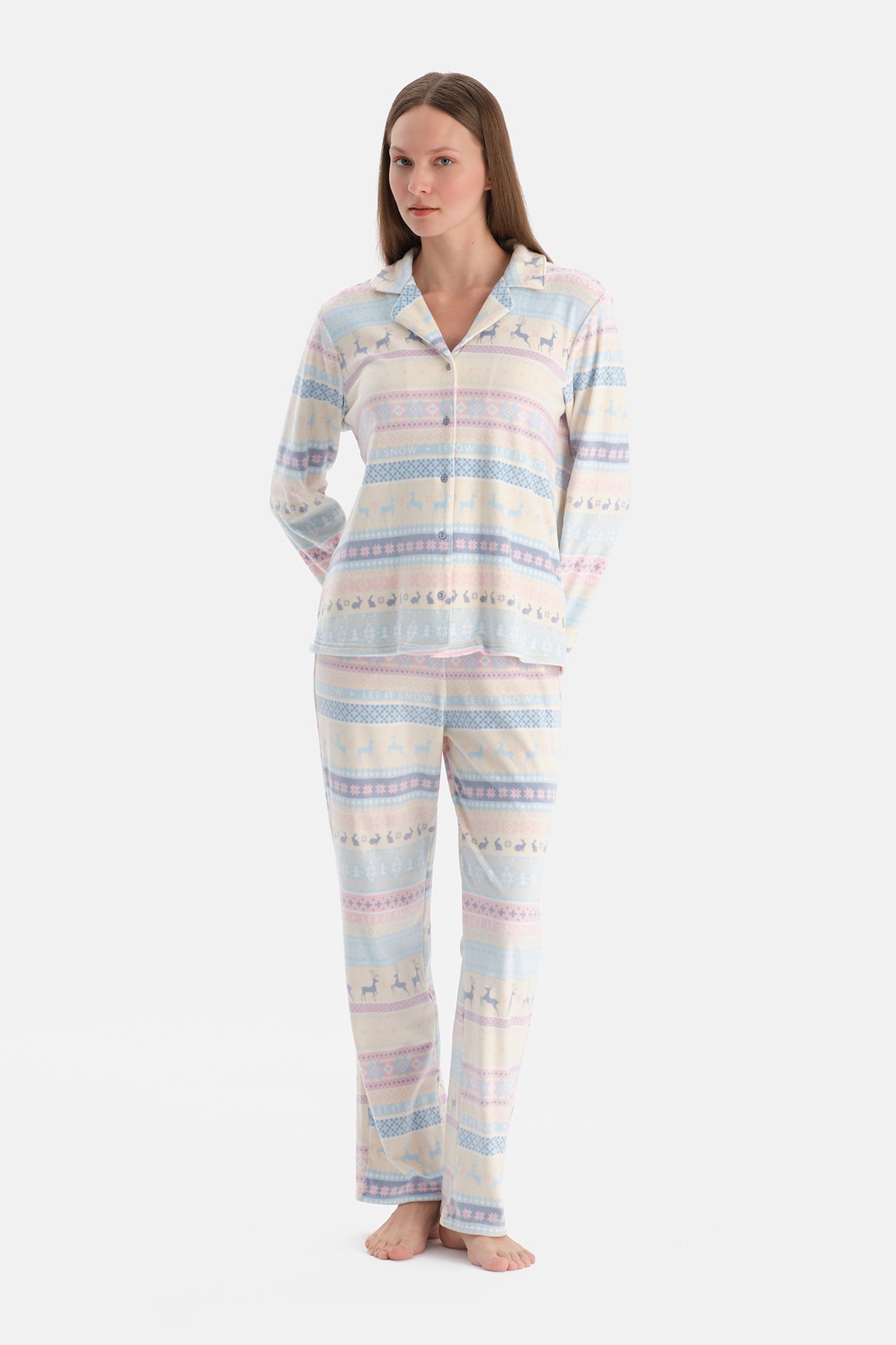 Multicolor Baskılı Kadife Gömlek Pantolon Pijama Takımı