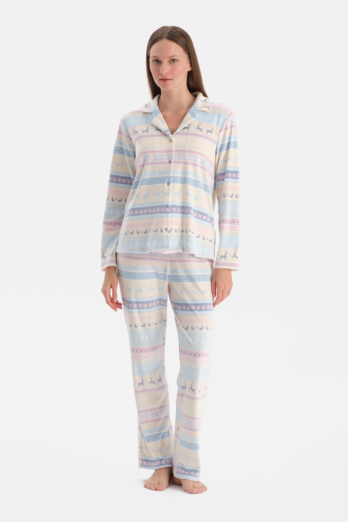 Multicolor Baskılı Kadife Gömlek Pantolon Pijama Takımı