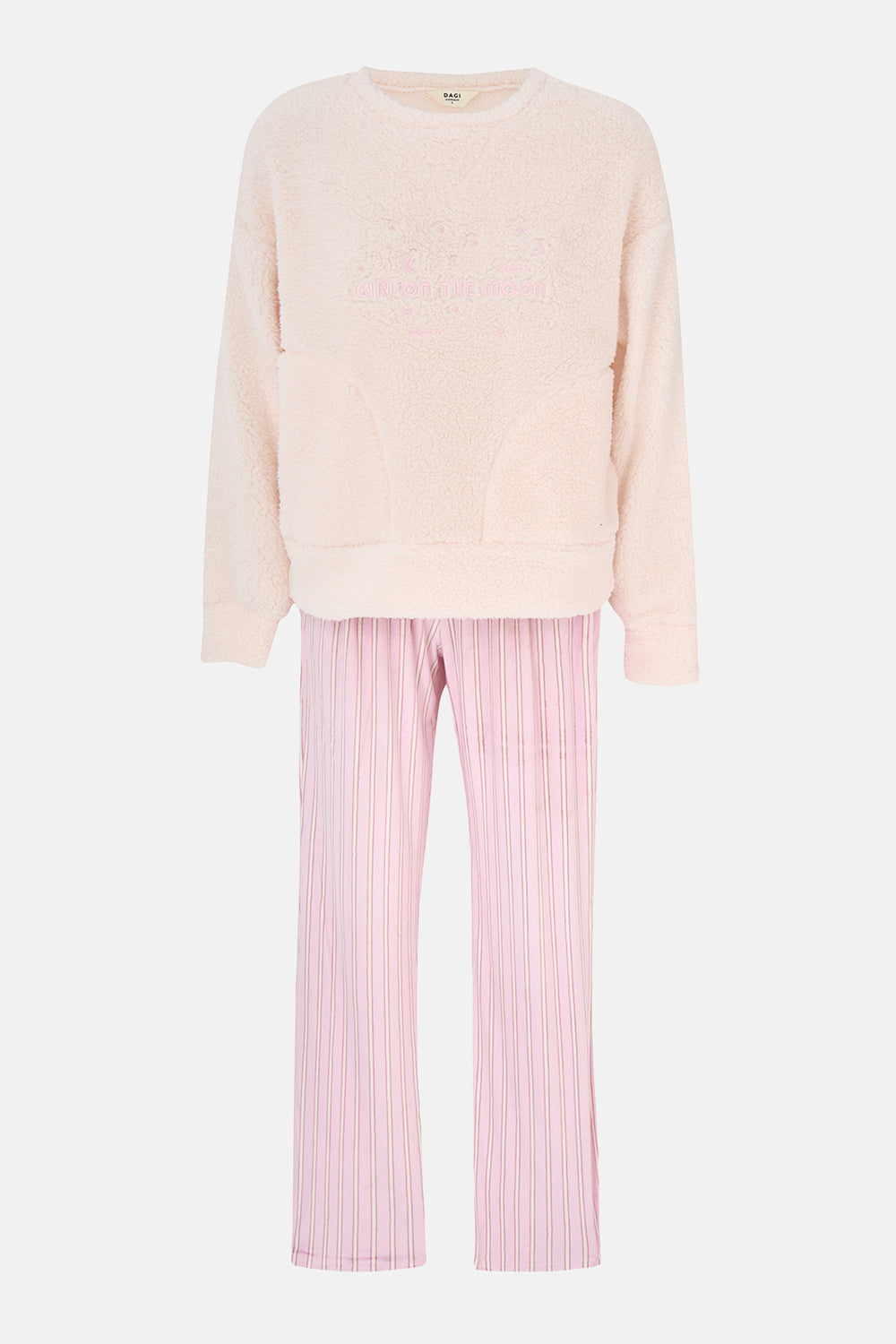 Ekru Nakışlı Polar Tişört Pantolon Pijama Takımı