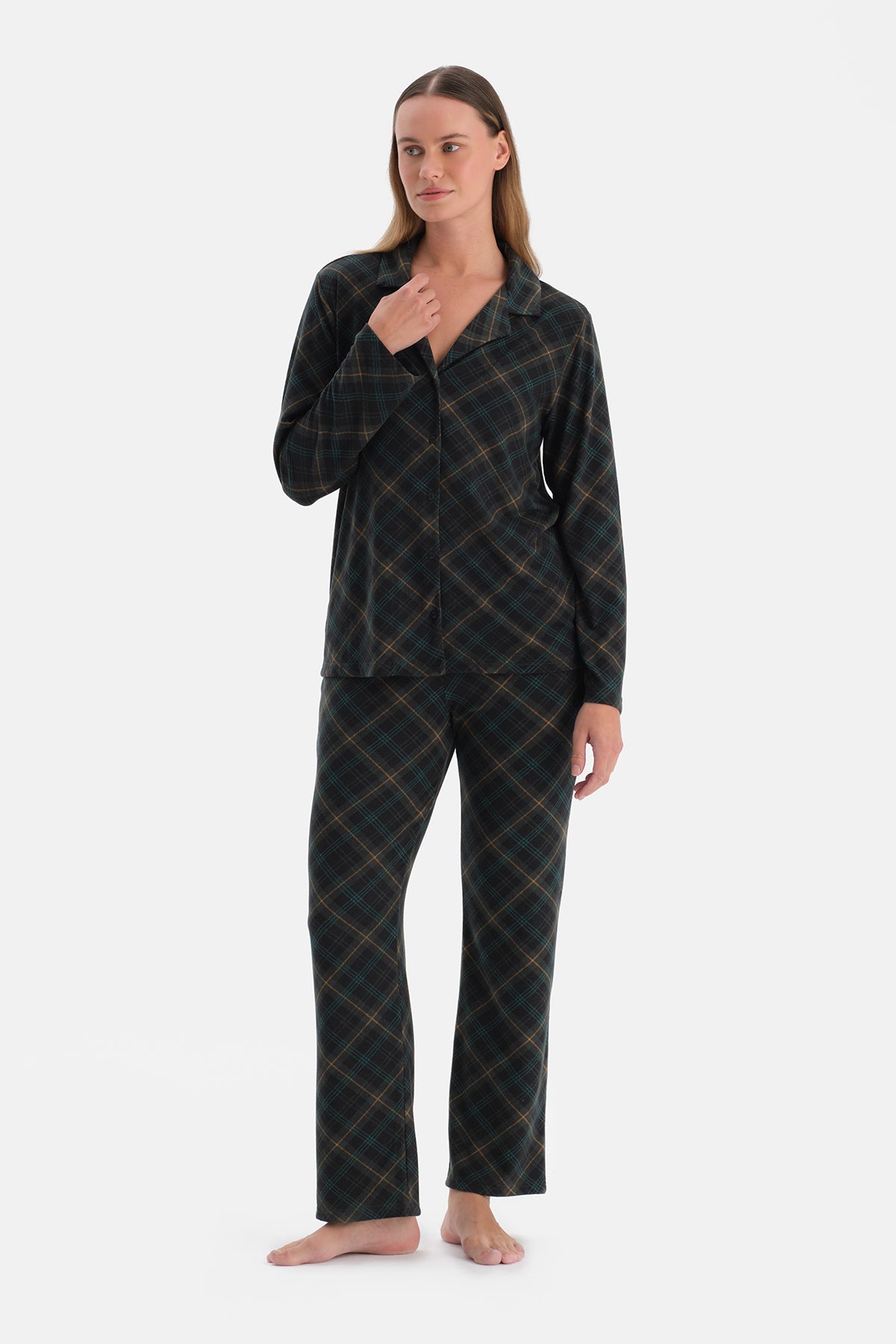 Koyu Yeşil Ekoseli Termal Gömlek Pantolon Pijama Takımı