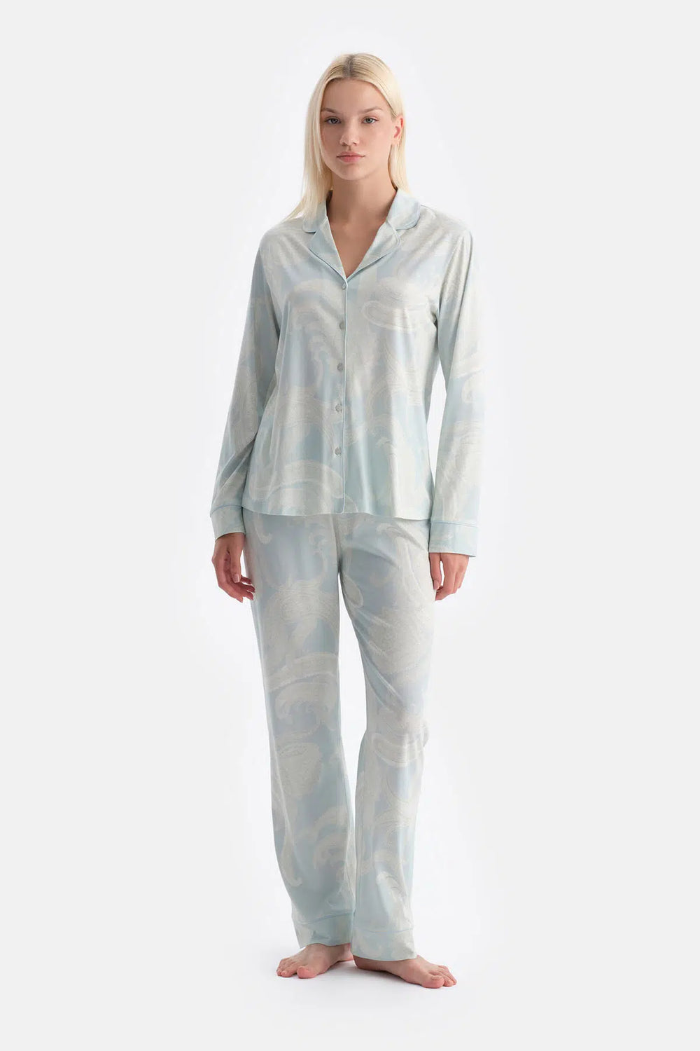 Su Yeşili Şal Desenli Gömlek Pantolon Takım