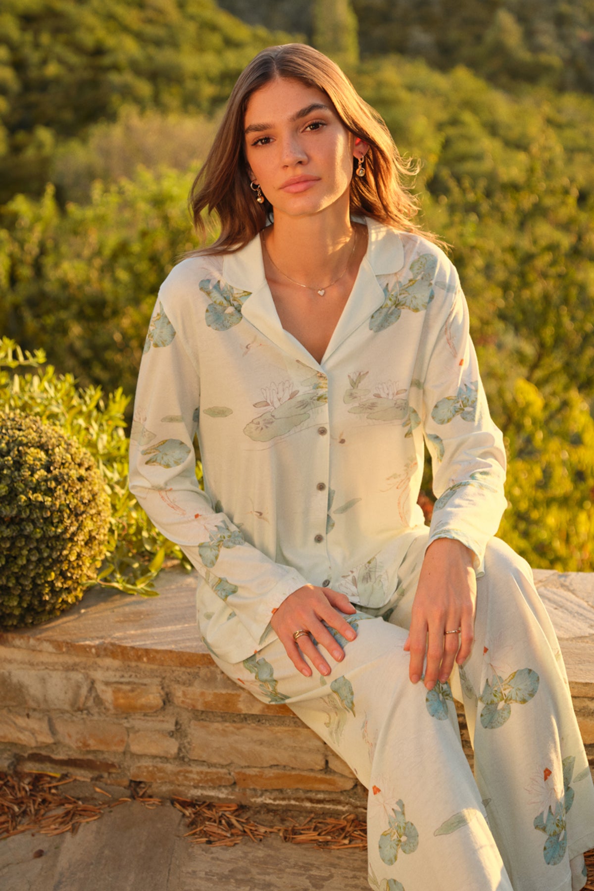 Su Yeşili Çiçek Desenli Gömlek Pantolon Takım