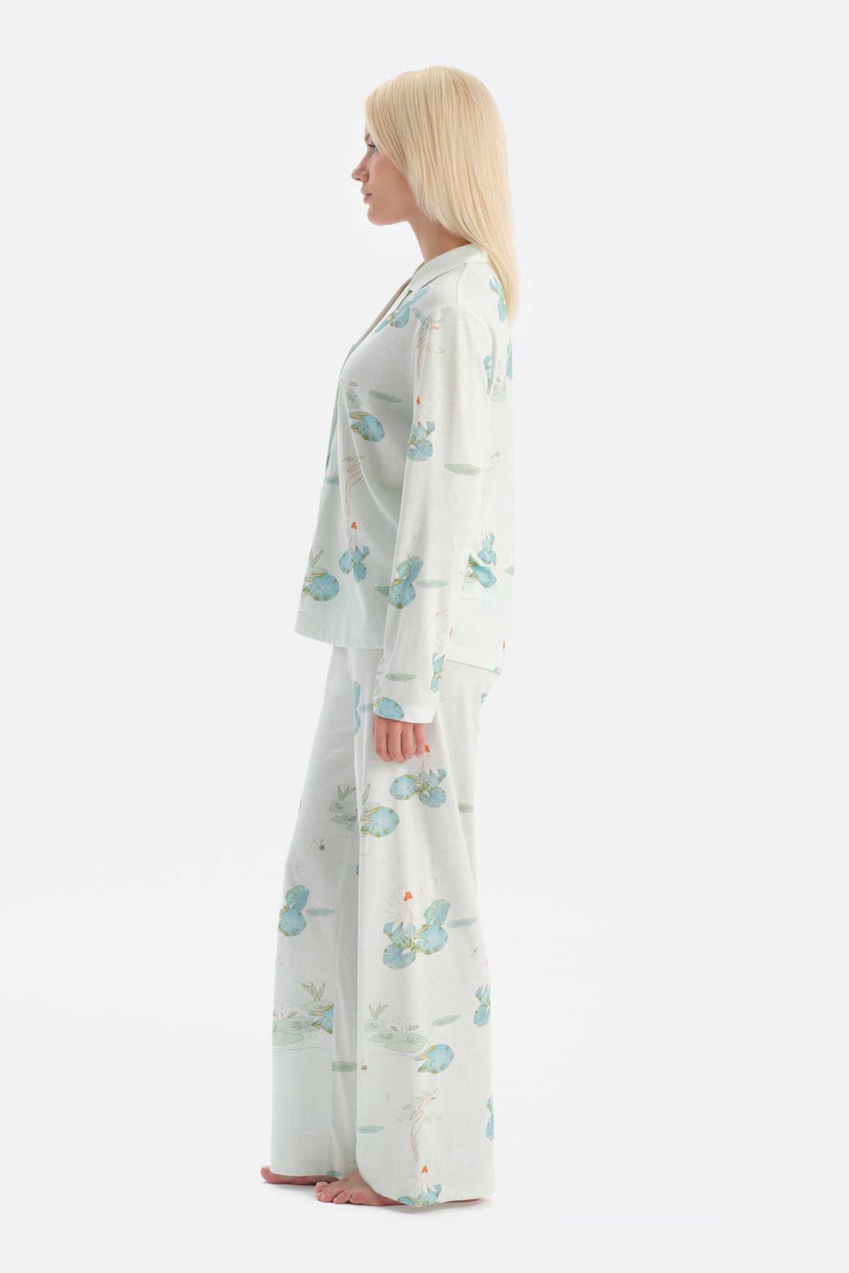 Su Yeşili Çiçek Desenli Gömlek Pantolon Takım