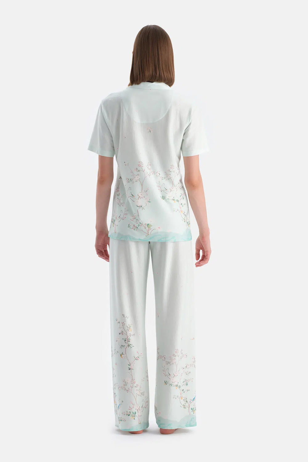 Açık Mavi Çiçek Desenli Gömlek Pantolon Takım