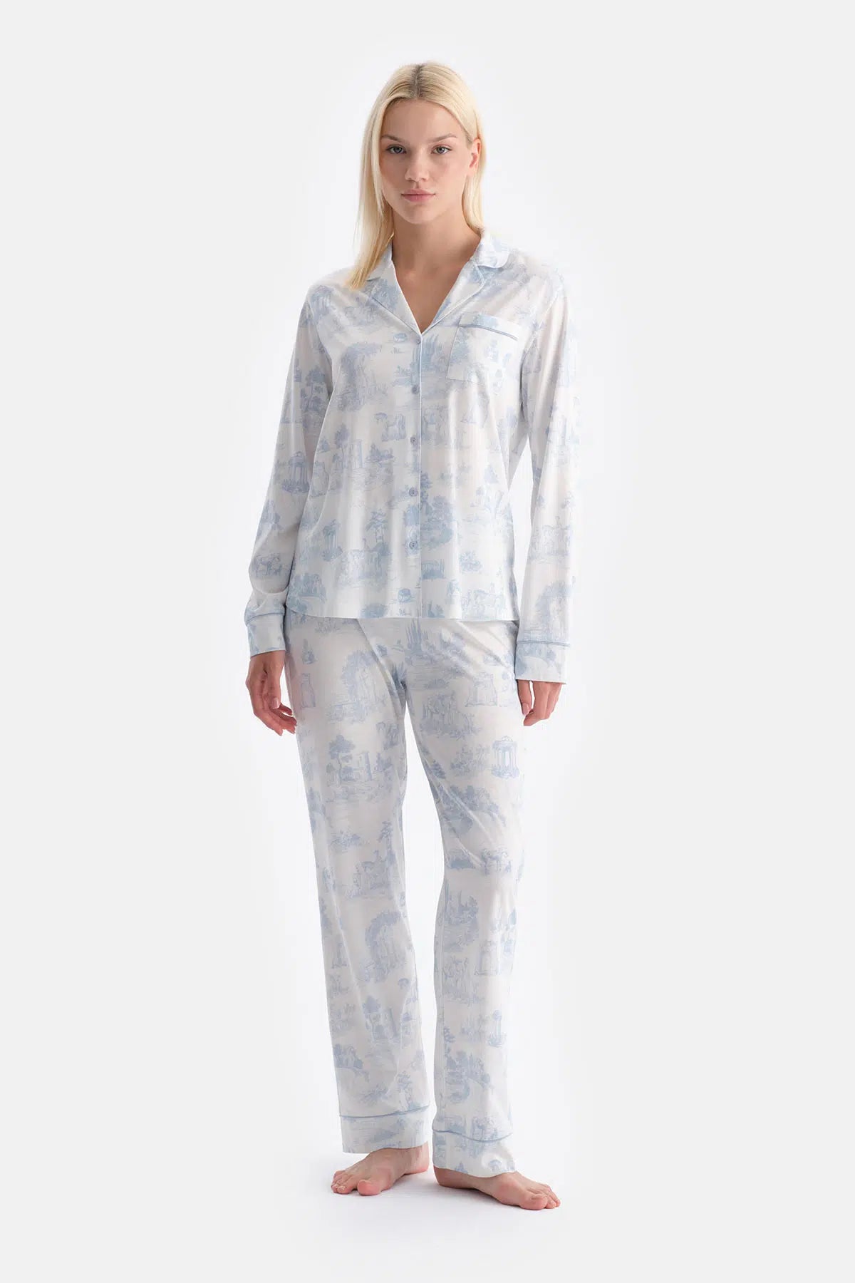 Açık Mavi Manzara Baskılı Gömlek Pantolon Takım